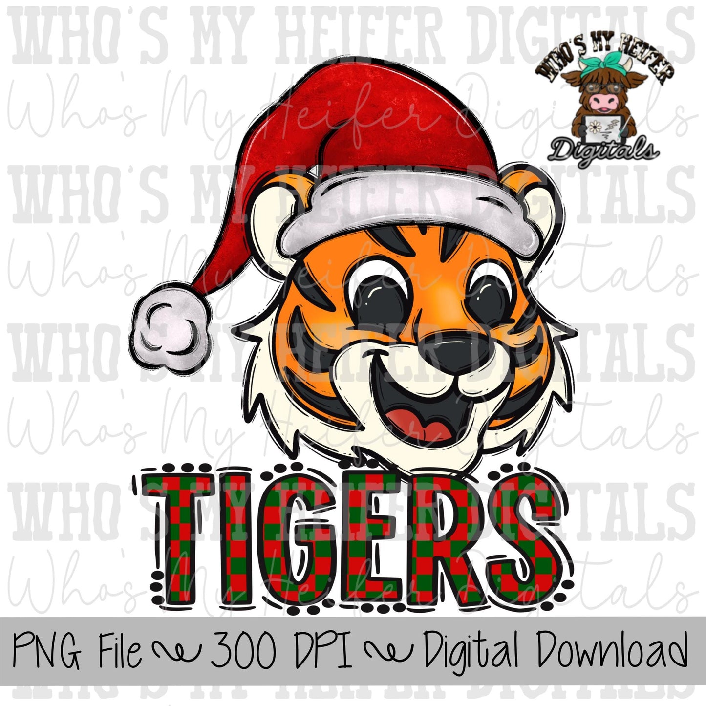 Red & Green Tiger PNG Hand Drawn Tiger with Santa Hat Sublimation PNG Game Day Shirt Designs School Spirit PNG Checkered Tiger Doodle Art