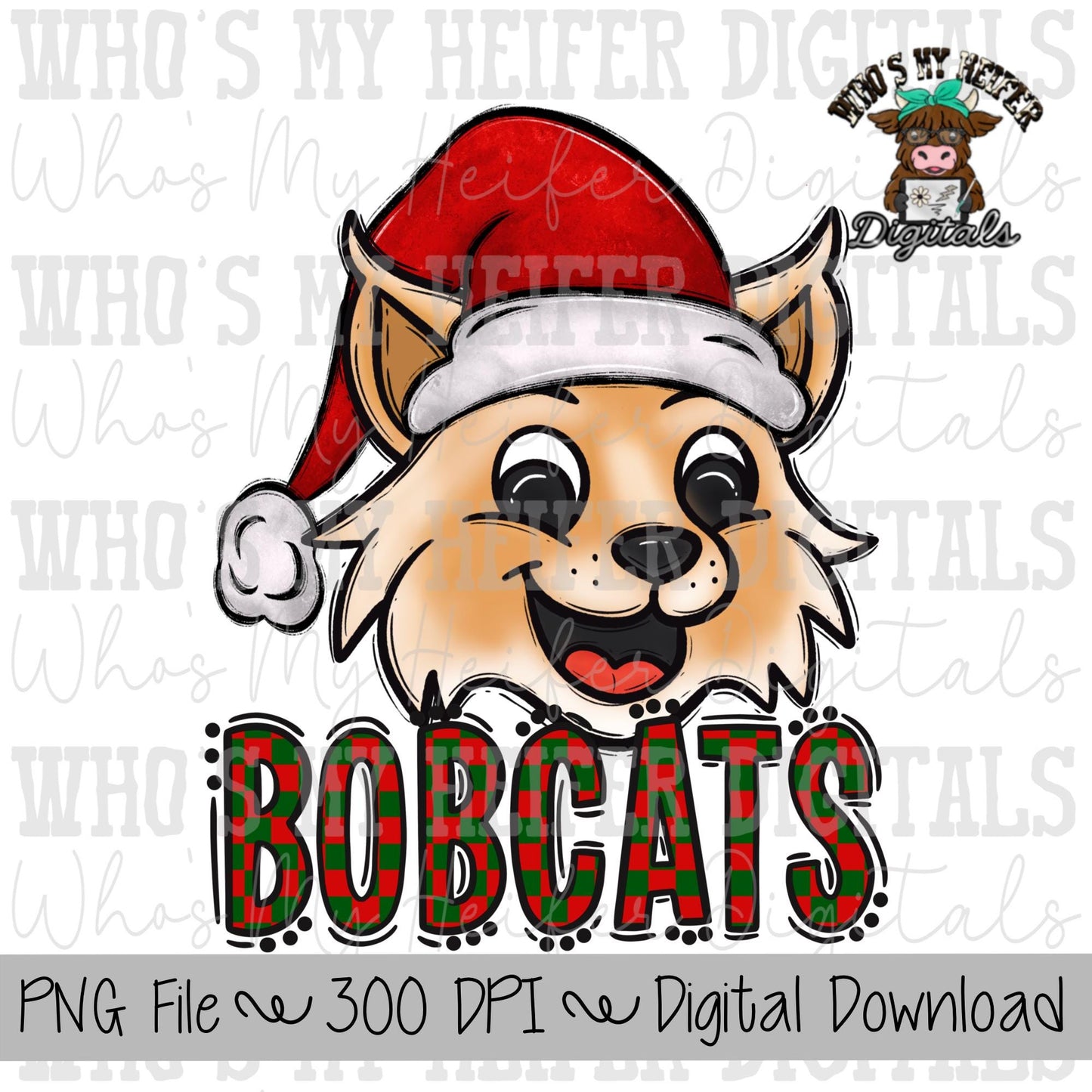 Red & Green Bobcats PNG Hand Drawn Bobcat with Santa Hat Sublimation PNG Game Day Shirt Design School Spirit Checkered Bobcat Kid Mascot