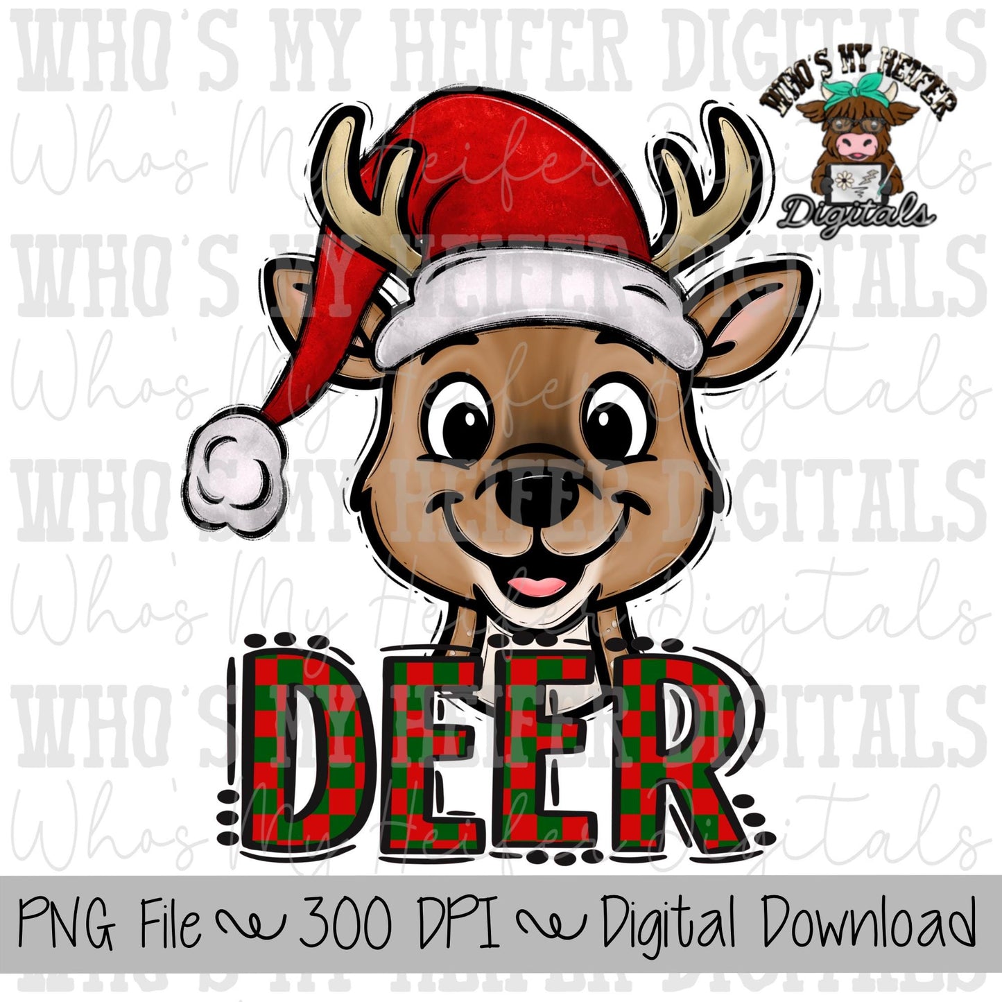 Red & Green Deer PNG Hand Drawn Deer with Santa Hat Sublimation PNG Game Day Shirt Design School Spirit Checkered Deer Kid Mascot