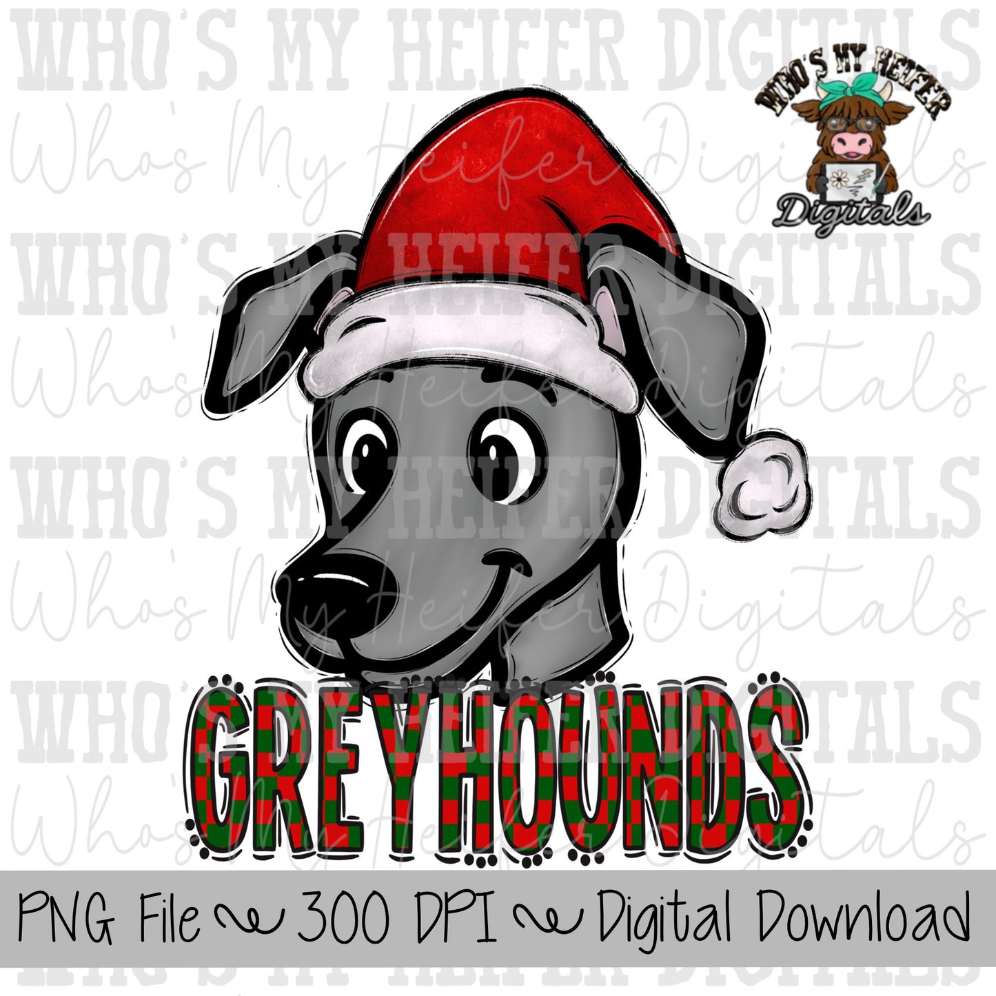 Red & Green Greyhounds PNG Hand Drawn Greyhound with Santa Hat Sublimation PNG Game Day Shirt Design School Spirit Checkered Greyhound Kid