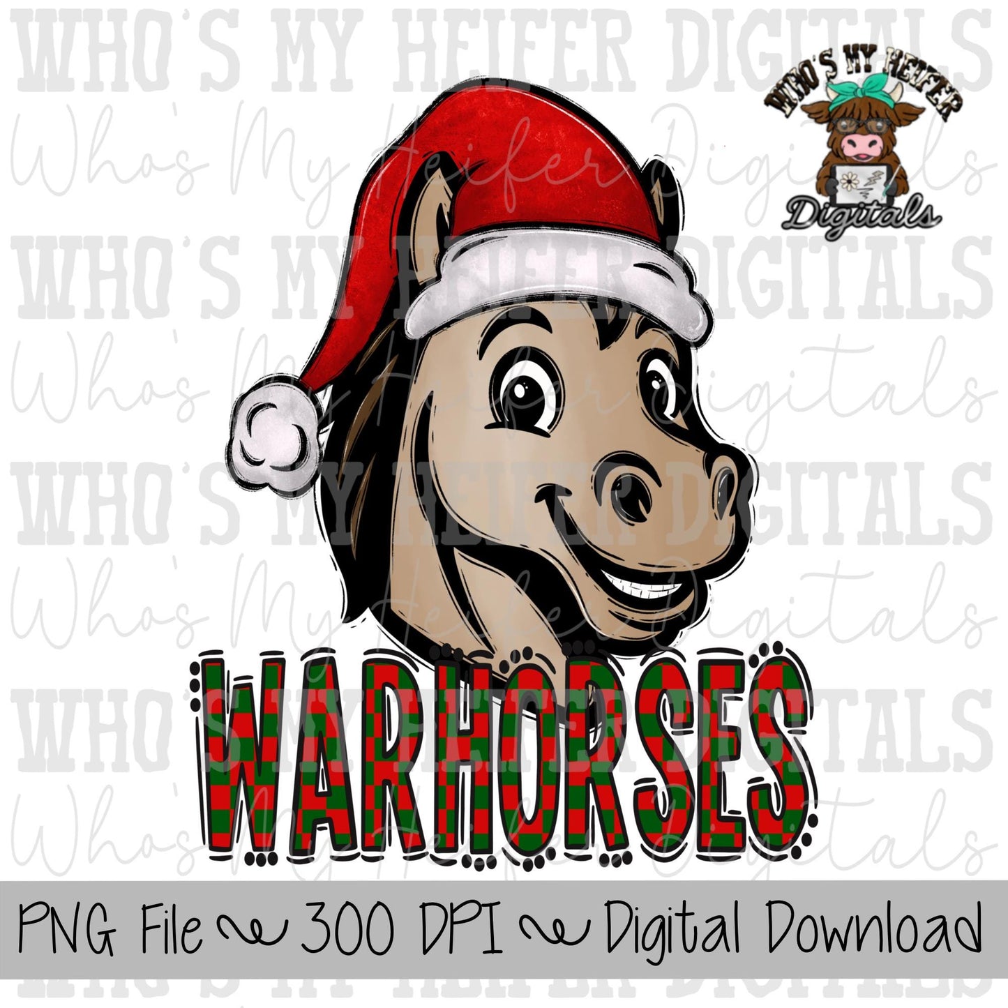 Red & Green Warhorses PNG Hand Drawn Warhorse with Santa Hat Sublimation PNG Game Day Shirt Design School Spirit Checkered Warhorse Doodle