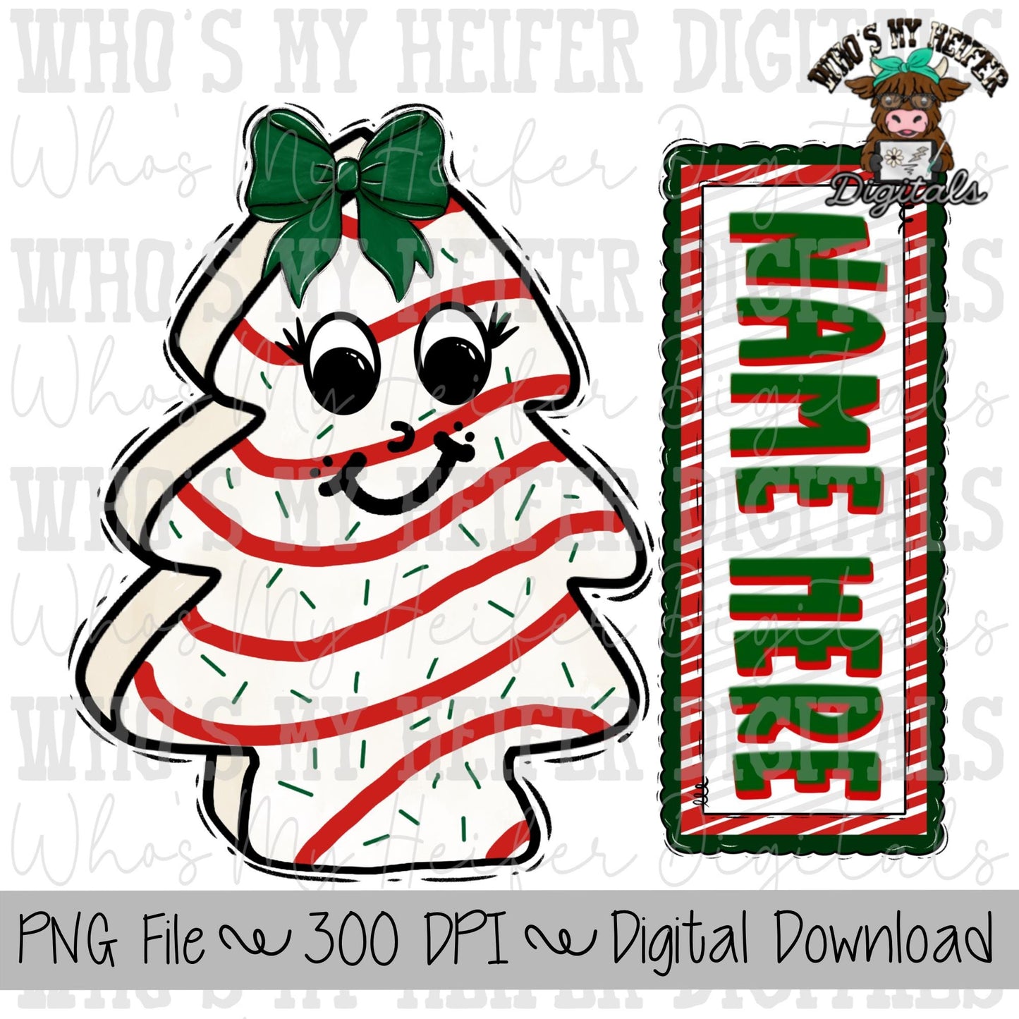 Girl Christmas Tree Cake Name Block Sublimation PNG Hand Drawn Christmas Tree Cake with Bow PNG Kids Christmas Shirt Design Doodle Art