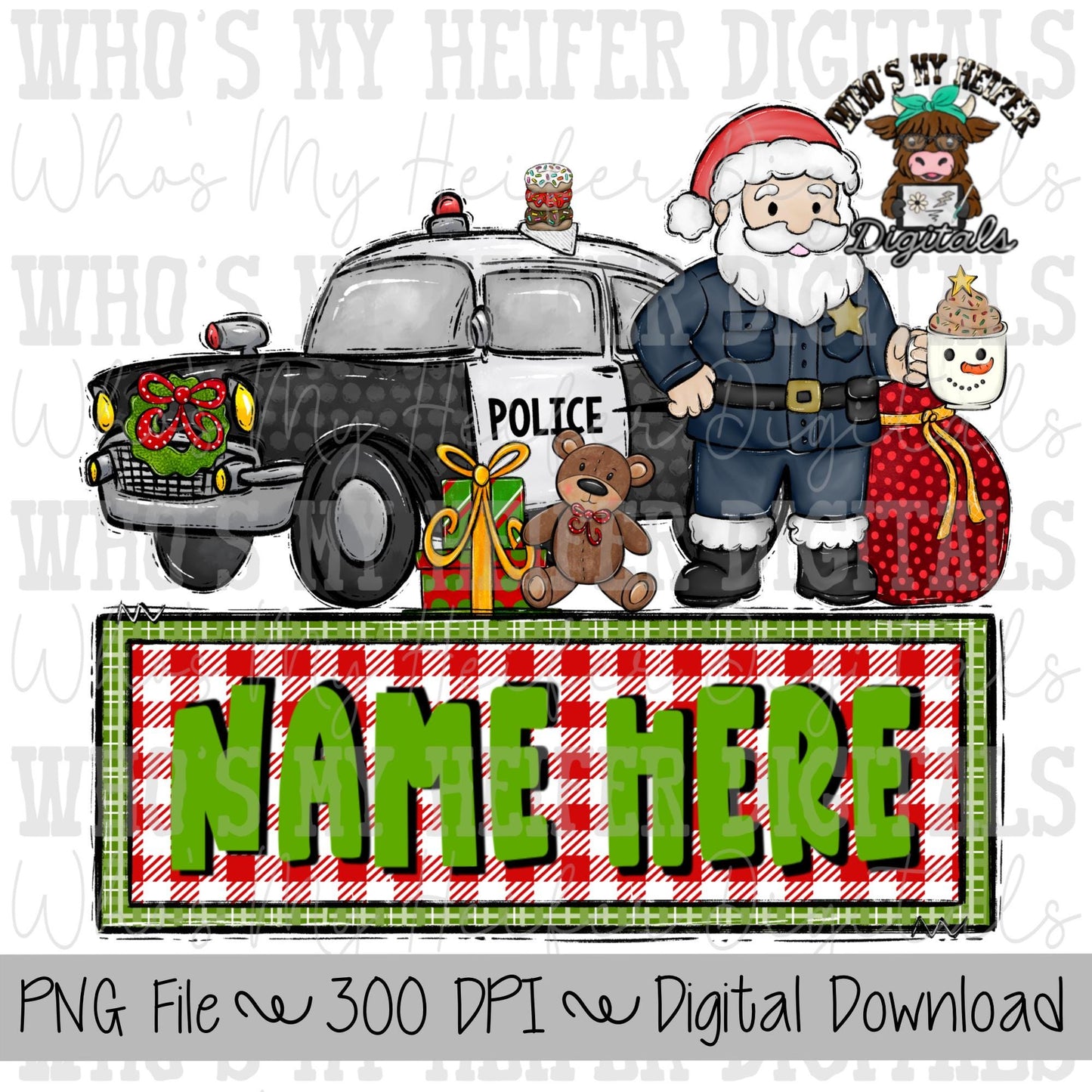 Police Officer Santa with Name Block Sublimation PNG Hand Drawn Santa Claus & Cop Car PNG Kids Christmas Shirt Design Cop Santa Doodle Art