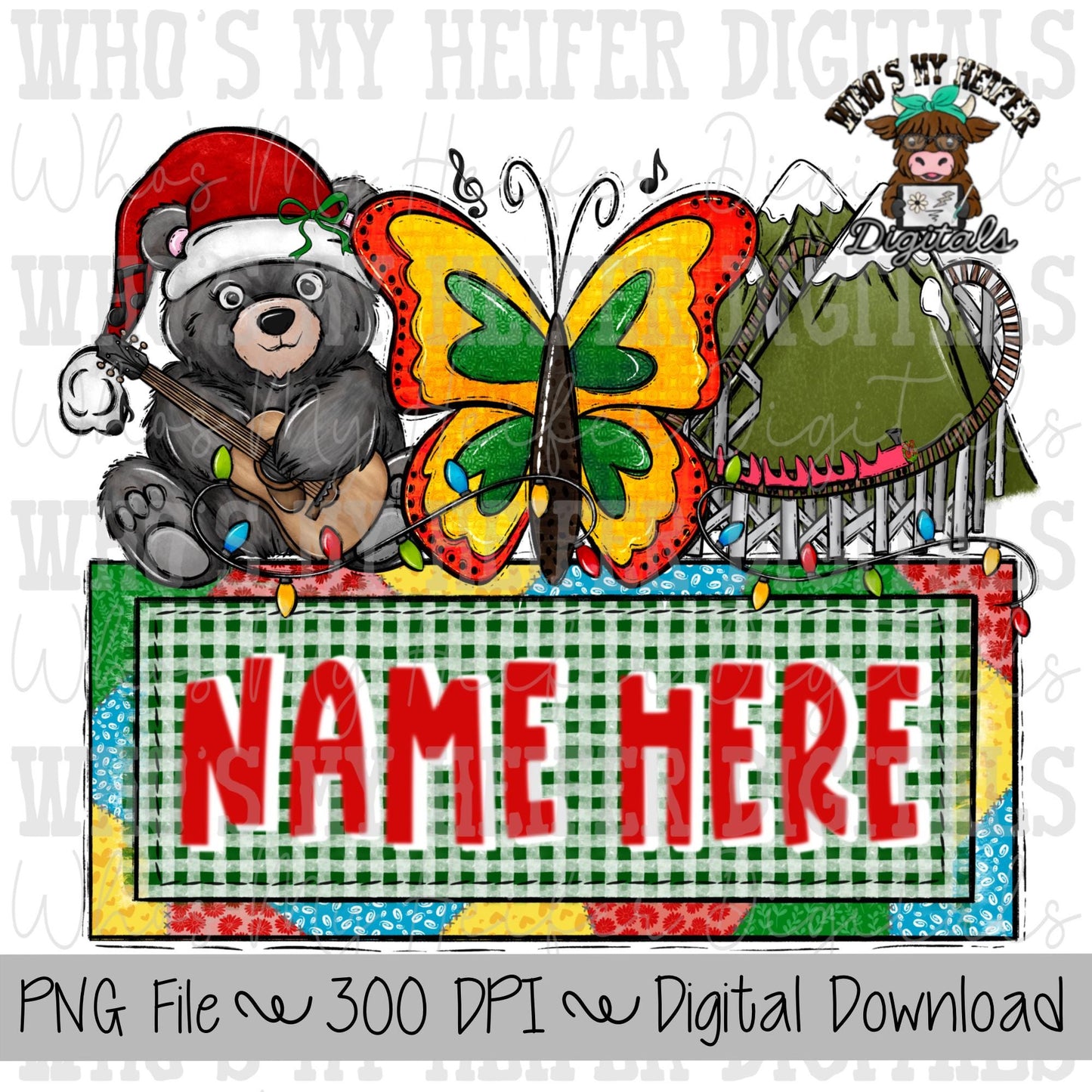 Smoky Mountain Christmas with Name Plate PNG File Hand Drawn Butterfly, Bear, & Mountain Coaster Sublimation PNG Pigeon Forge Vacation