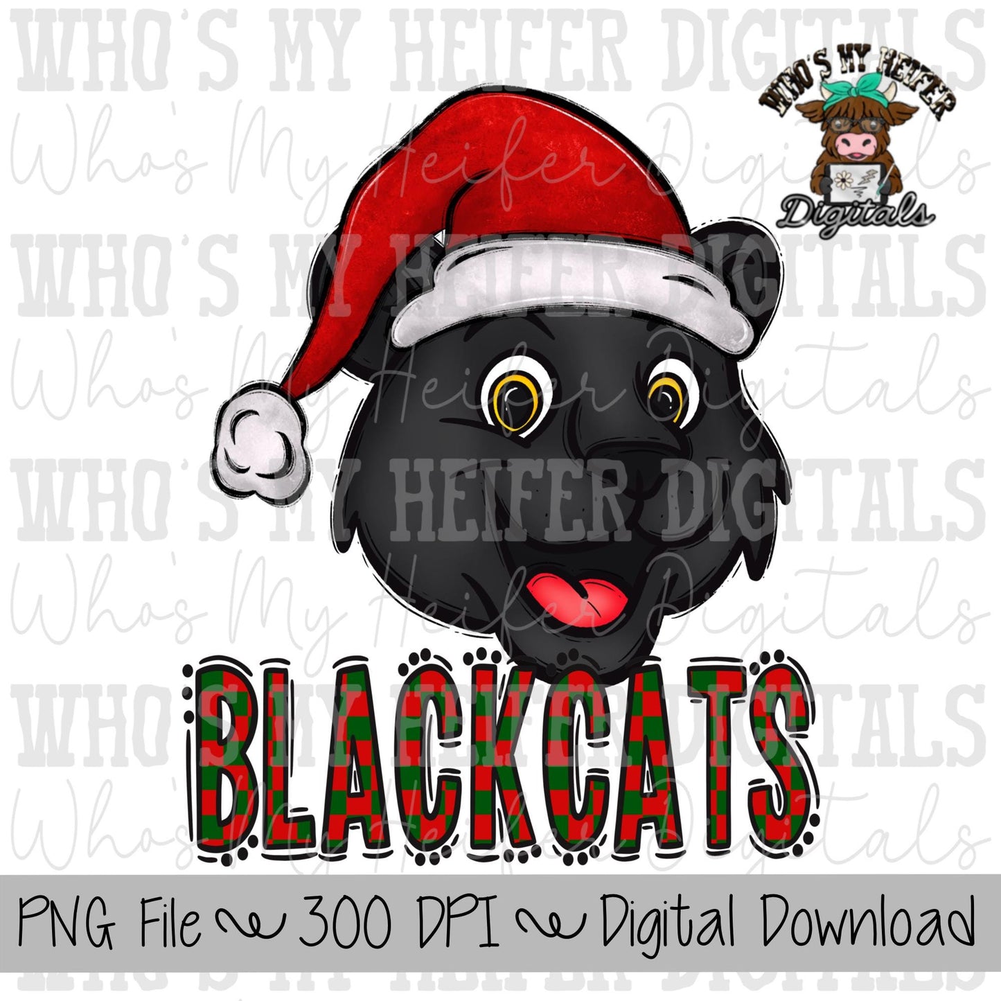 Red & Green Blackcat PNG Hand Drawn Blackcat with Santa Hat Sublimation PNG Game Day Shirt Design School Spirit PNG Checkered Blackcat