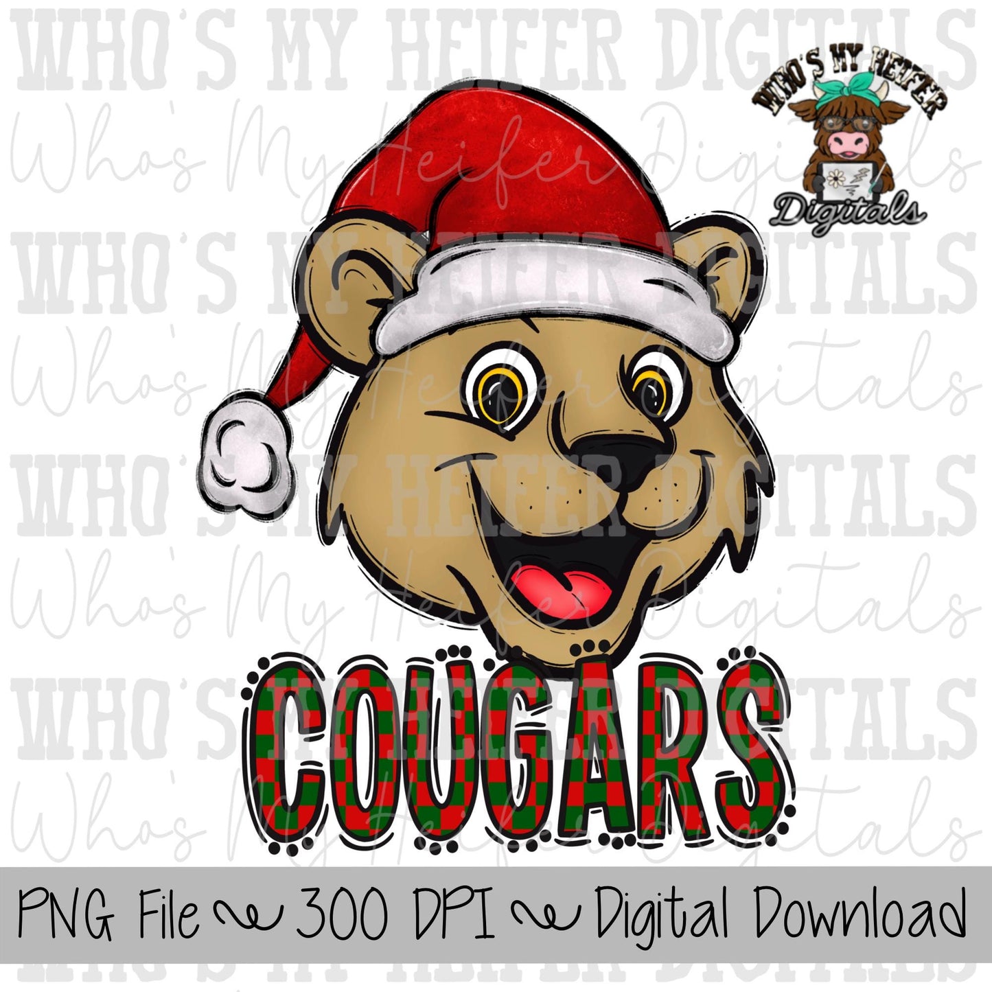 Red & Green Cougar PNG Hand Drawn Cougar with Santa Hat Sublimation PNG Game Day Shirt Designs School Spirit PNG Checkered Cougar Doodle Art
