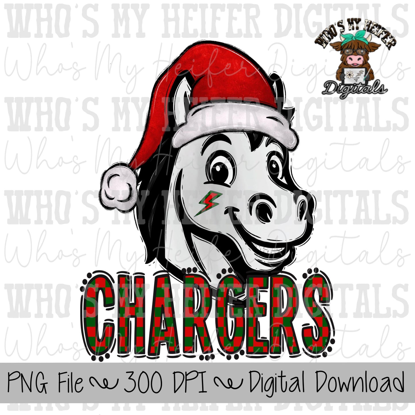 Red & Green Chargers PNG Hand Drawn Charger with Santa Hat Sublimation PNG Game Day Shirt Design School Spirit Checkered Charger Doodle
