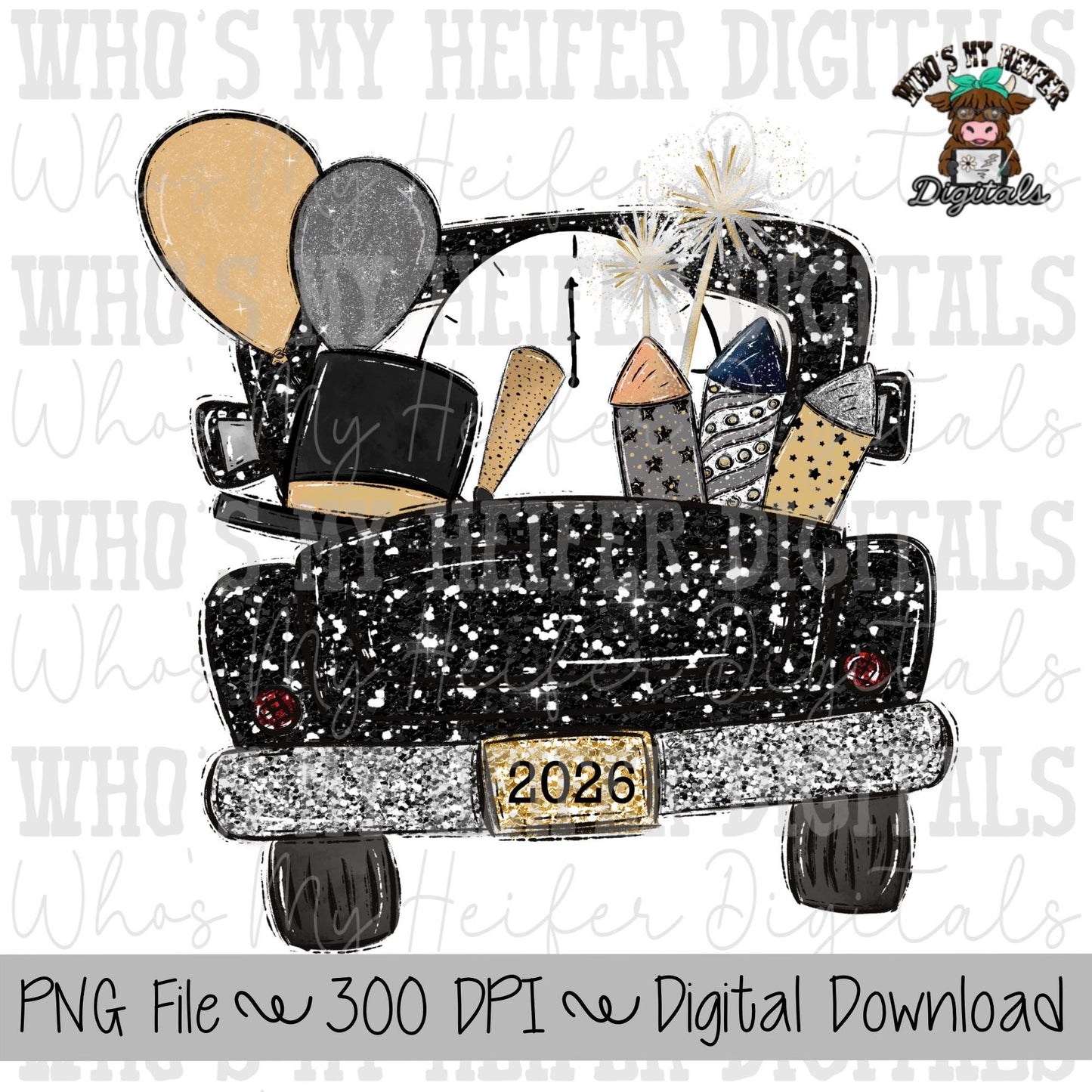 New Year's Truck Sublimation PNG Hand Drawn Pick up Truck with Balloons, Clock, and Hat PNG Kids 2026 Shirt Design Child New Year Doodle Art