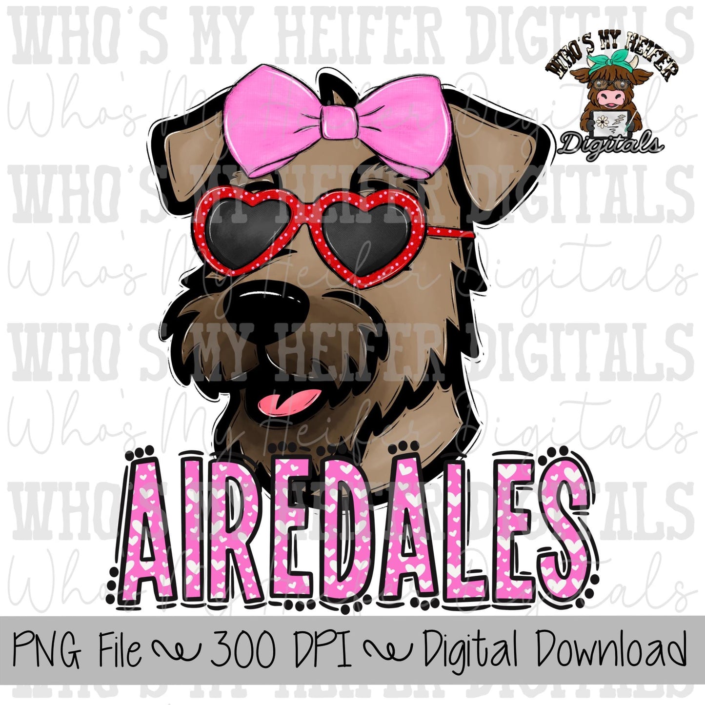 Valentine's Airedales PNG Hand Drawn Airedale with Bow Sublimation PNG Game Day Shirt Designs School Spirit PNG Hearts Airedale Kid Mascot
