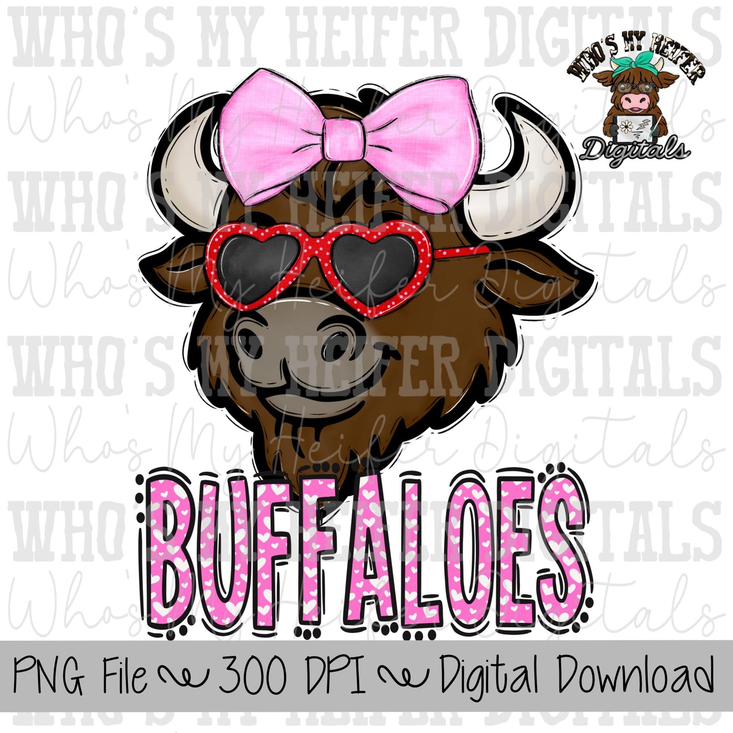 Valentine's Day Buffalo PNG Hand Drawn Buffalo with Bow Sublimation PNG Game Day Shirt Designs School Spirit PNG Heart Buffaloes Doodle Art