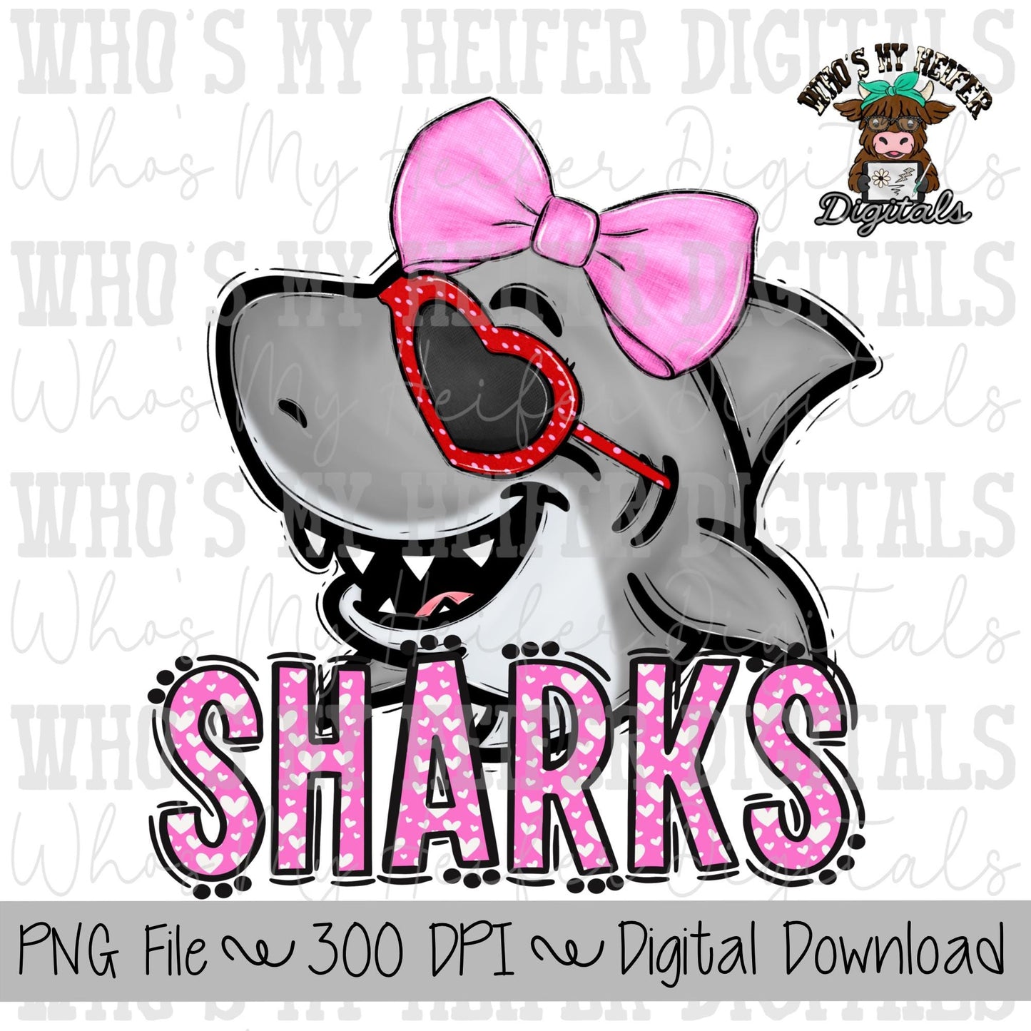 Valentine's Day Sharks PNG Hand Drawn Shark with Bow Sublimation PNG Game Day Shirt Design School Spirit Heart Shark Kid Mascot Doodle