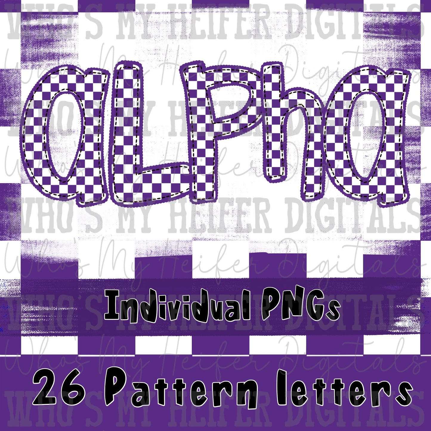 Purple Checkered Scalloped Alpha Font Hand Drawn Checkerboard with Scalloped Outline PNG Font Sublimation Digital Doodle Letters