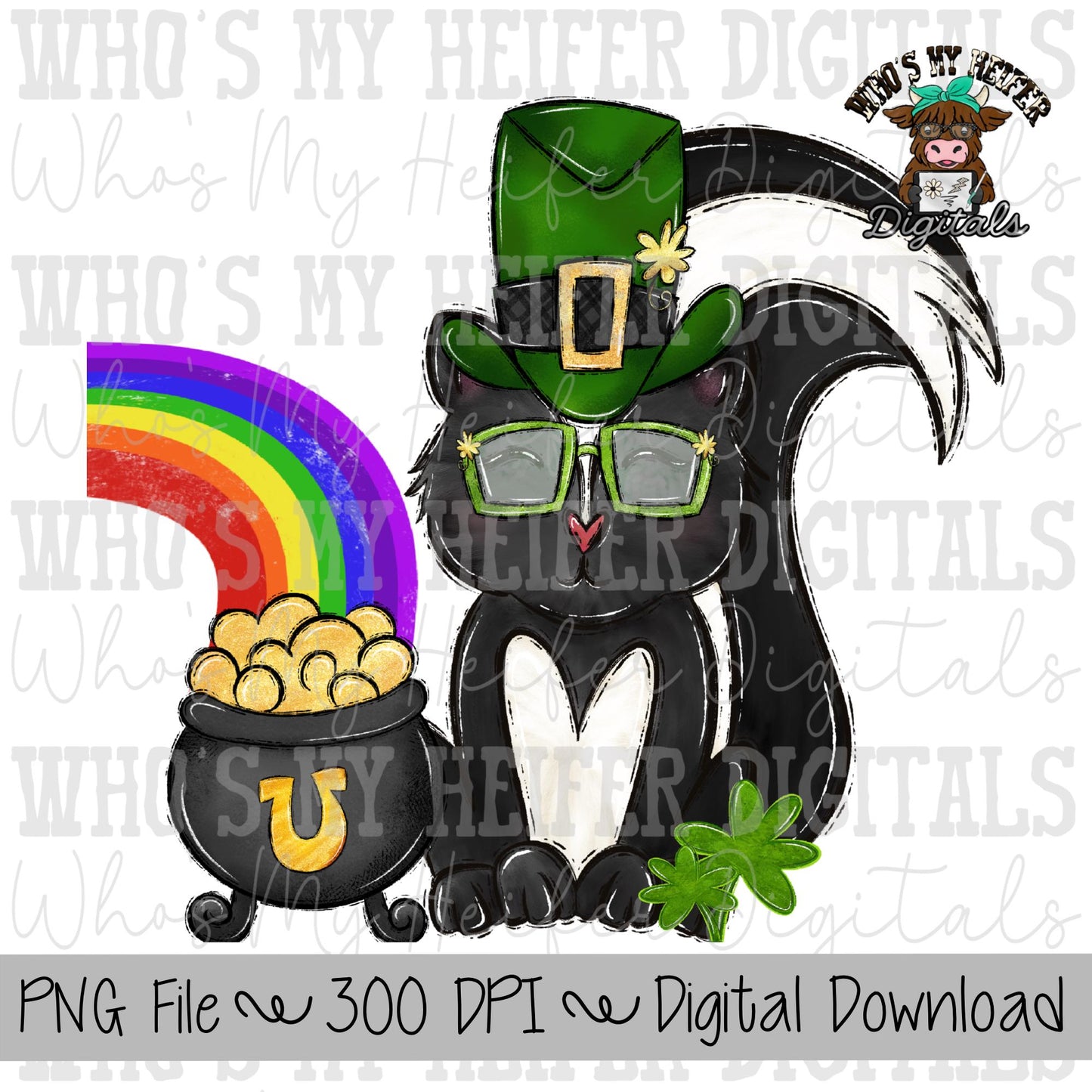 Lucky Skunk Sublimation PNG Hand Drawn Skunk with Hat and Pot of Gold with Rainbow PNG Women and Kids Shirt Design St Patrick Day Doodle Art