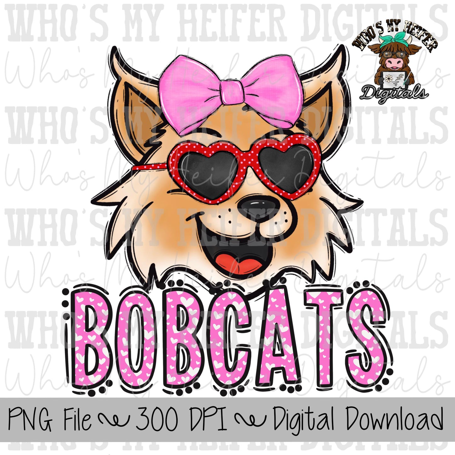 Valentine's Day Bobcats PNG Hand Drawn Bobcats with Bow Sublimation PNG Game Day Shirt Design School Spirit PNG Heart Bobcat Doodle Art