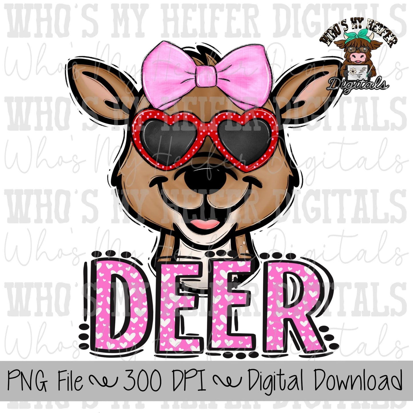Valentine's Day Deer PNG Hand Drawn Deer with Bow Sublimation PNG Game Day Shirt Design School Spirit Heart Deer Kid Mascot