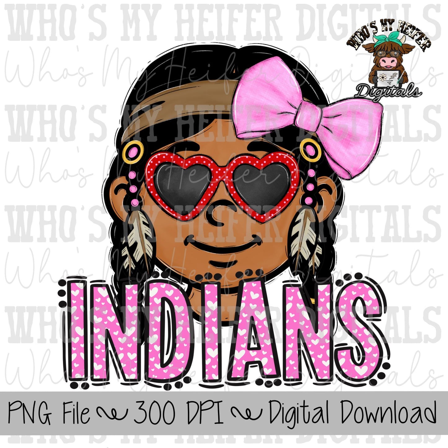Valentine's Day Indians PNG Hand Drawn Indian with Bow Sublimation PNG Game Day Shirt Design School Spirit Heart Indian Kid Mascot