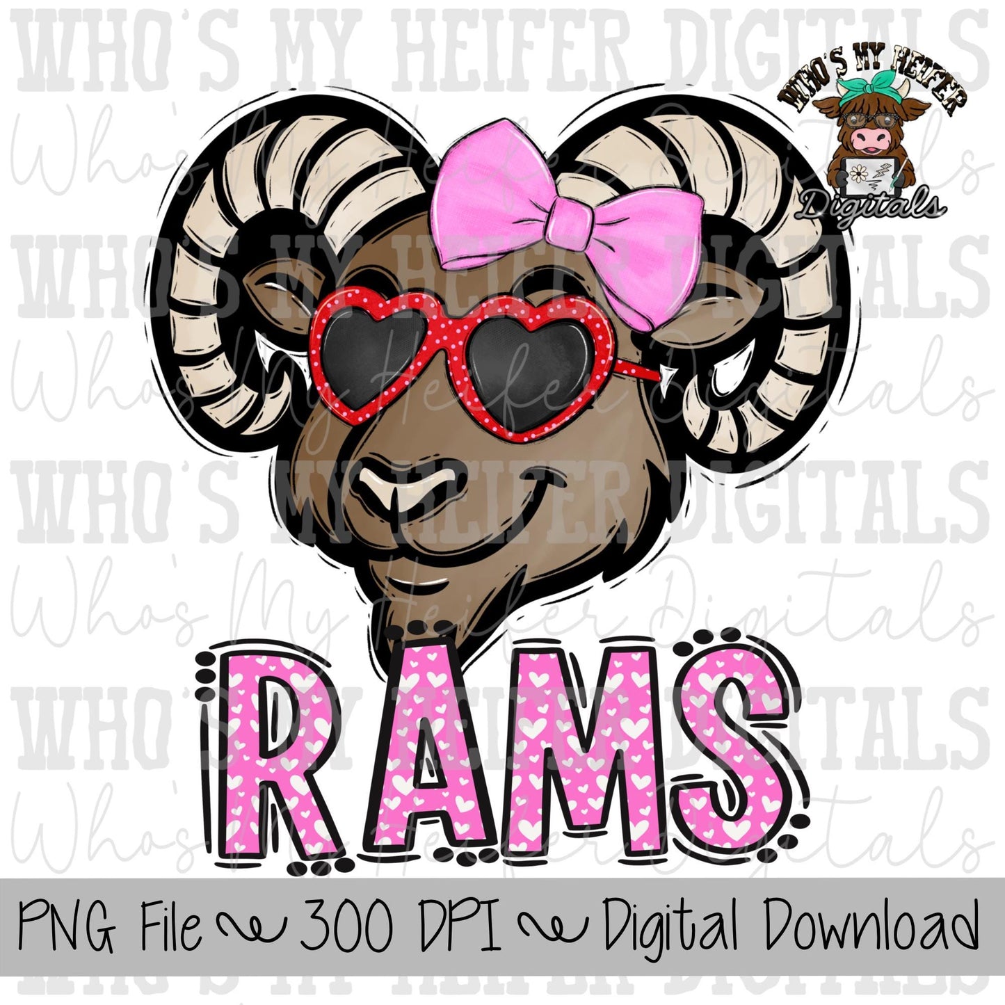 Valentine's Day Rams PNG Hand Drawn Ram with Bow Sublimation PNG Game Day Shirt Designs School Spirit PNG Heart Rams Doodle Art