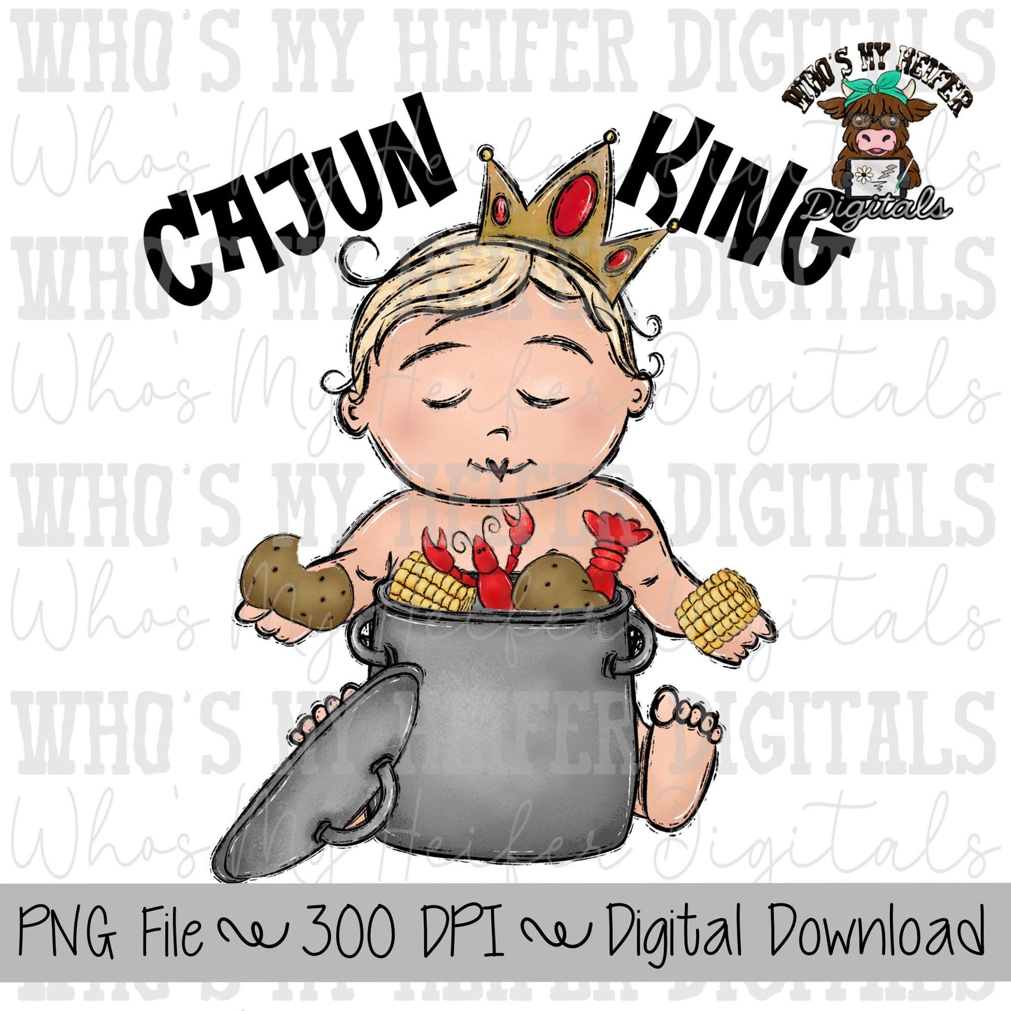 Cajun King PNG Hand Drawn Little Boy with Crawfish Boil, & Crown Sublimation PNG Kids Shirt Design Whimsical Kid Doodle Art