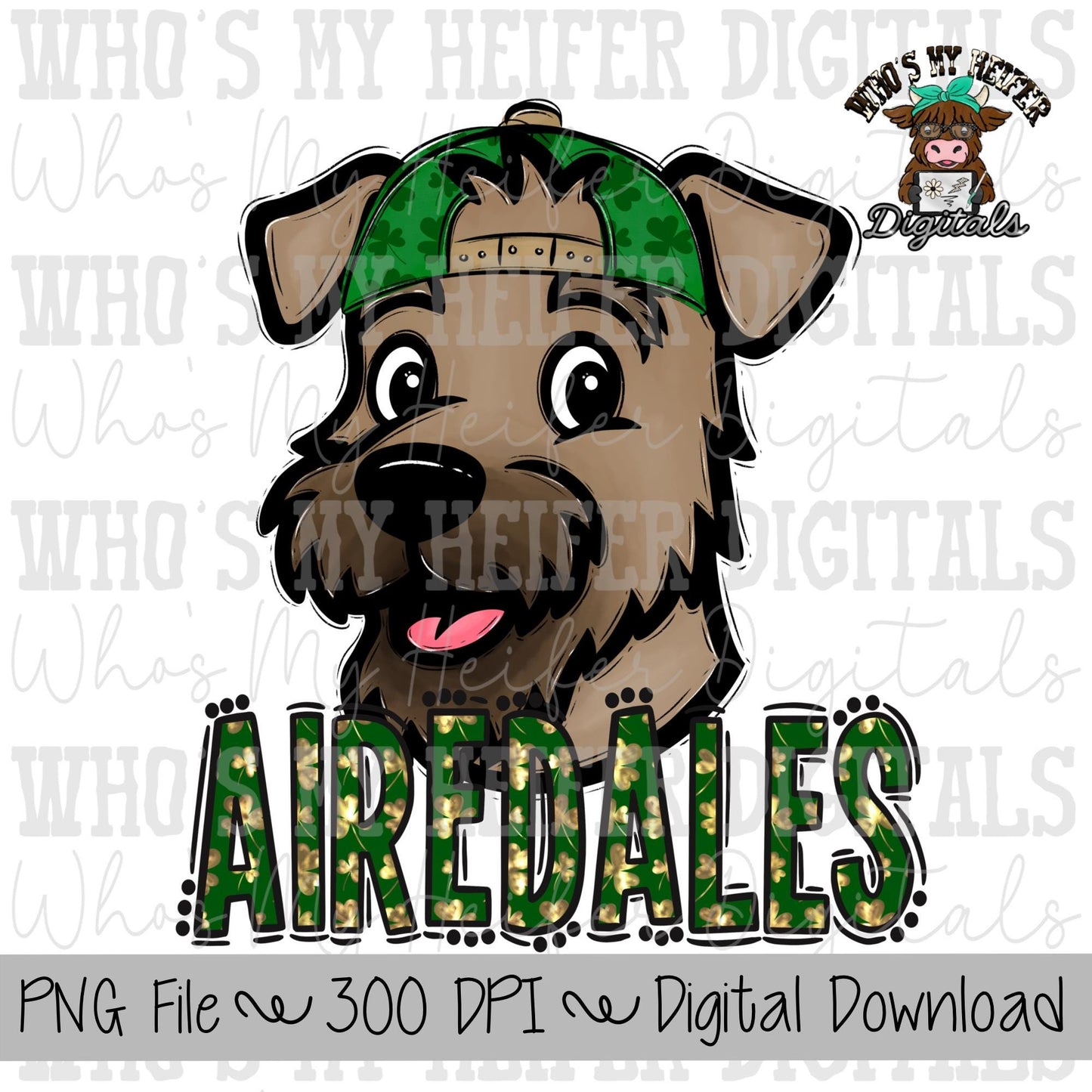 St. Patrick's Day Airedales PNG Hand Drawn Airedale with Hat Sublimation PNG Game Day Shirt Designs School Spirit PNG Airedale Kid Mascot