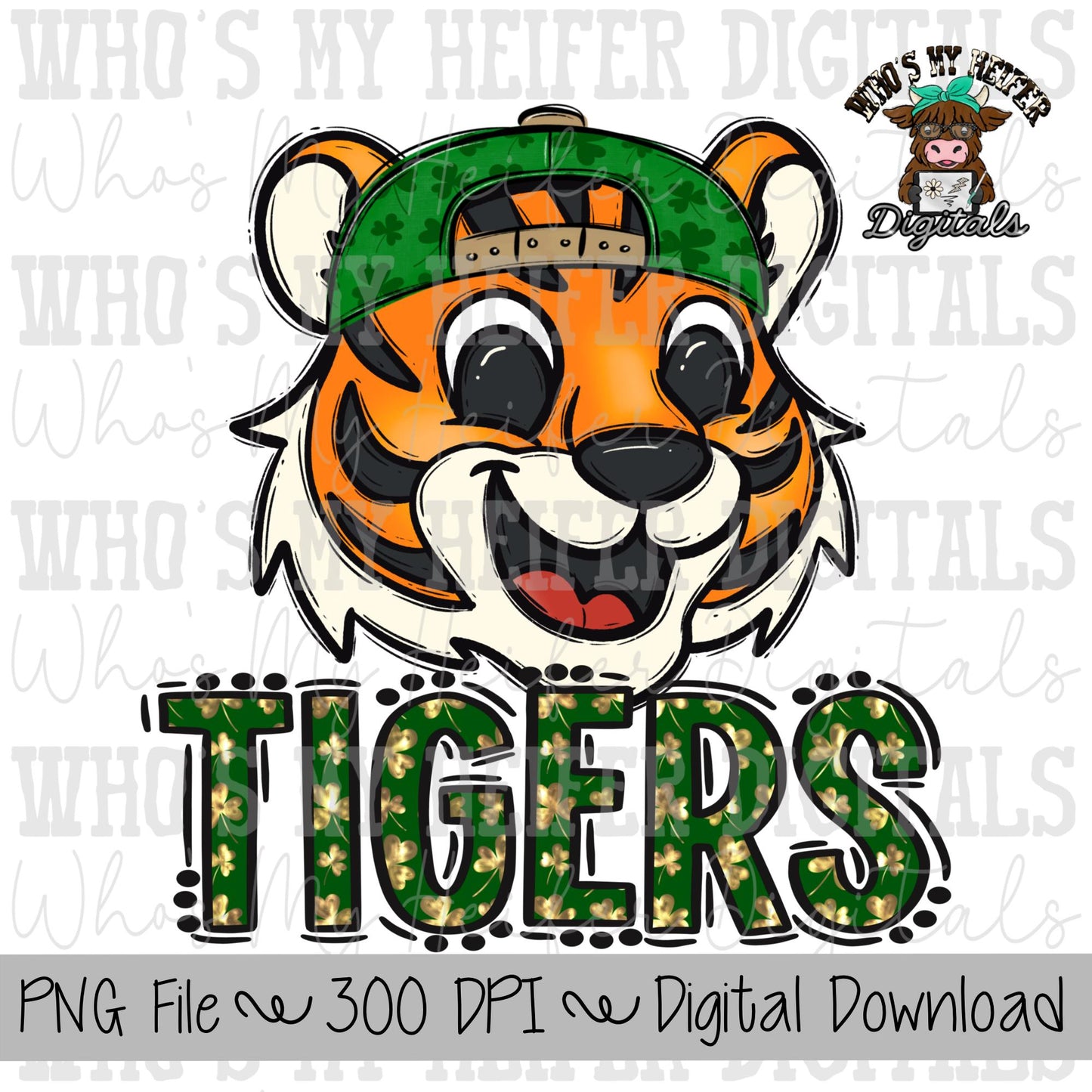 St Patrick's Day Tiger PNG Hand Drawn Tiger with Hat Sublimation PNG Game Day Shirt Designs School Spirit PNG Clover Tiger Digital Download