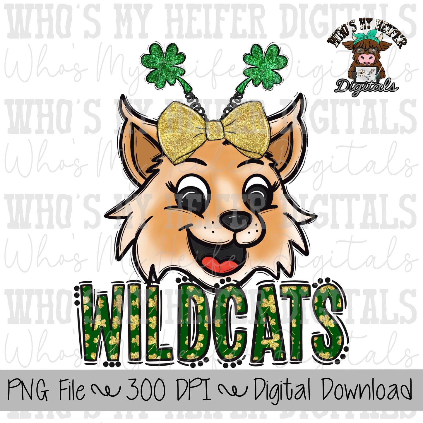 St. Patrick's Day Wildcat PNG Hand Drawn Wildcat with Bow Sublimation PNG Game Day Shirt Designs School Spirit PNG Clover Wildcats Doodle