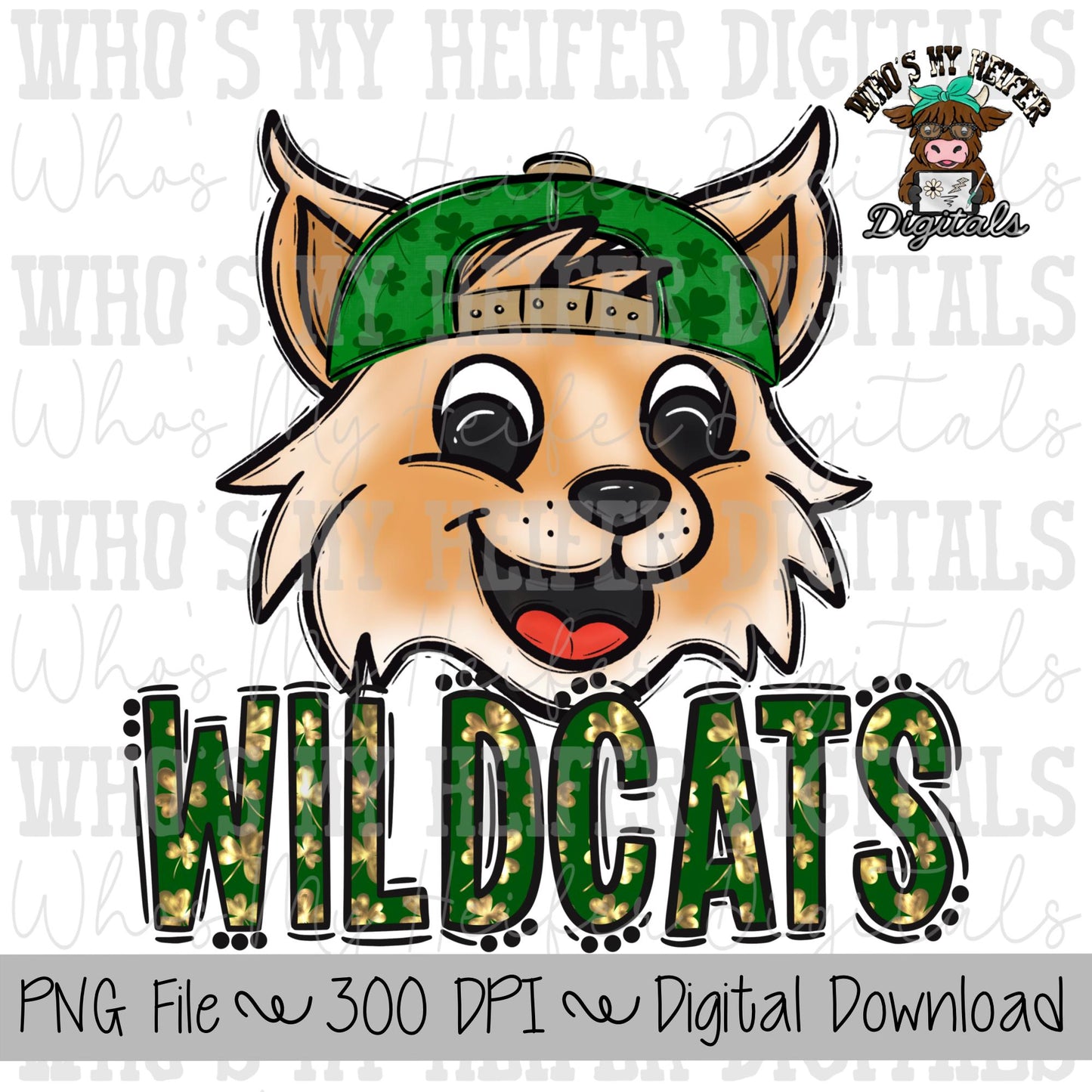 St. Patrick's Day Wildcat PNG Hand Drawn Wildcat with Hat Sublimation PNG Game Day Shirt Designs School Spirit PNG Clover Wildcats Doodle