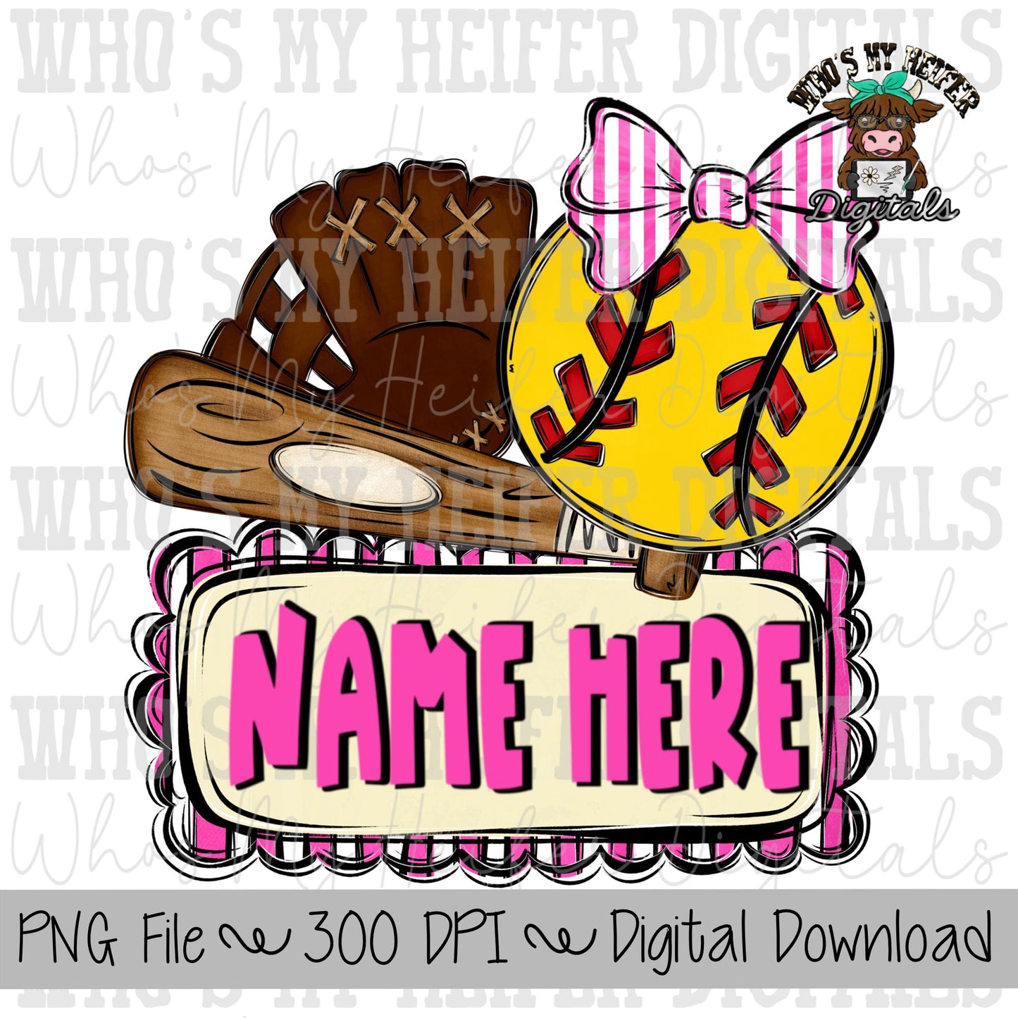 Girl Softball Trio with Name Block Sublimation PNG Hand Drawn Softball with Bow, Bat, & Glove PNG Kids Shirt Design Softball Sis Doodle Art