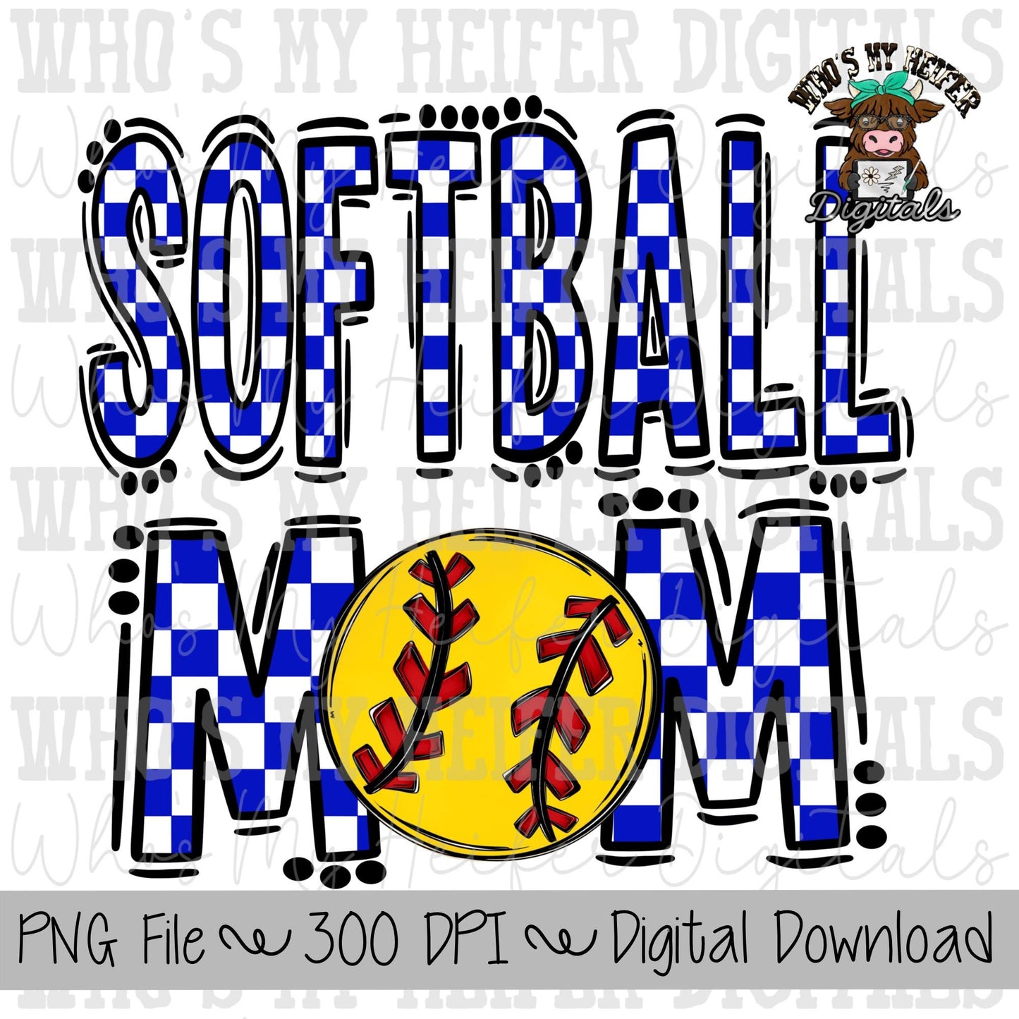 Blue and White Softball Mom PNG Hand Drawn Softball Mom Sublimation Design Game Day Shirt Design Checkered T- Ball Mama Digital Download