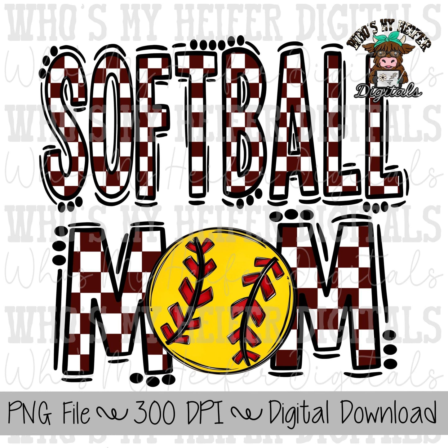 Maroon and White Softball Mom PNG Hand Drawn Softball Mom Sublimation Design Game Day Shirt Design Checkered T- Ball Mama Digital Download