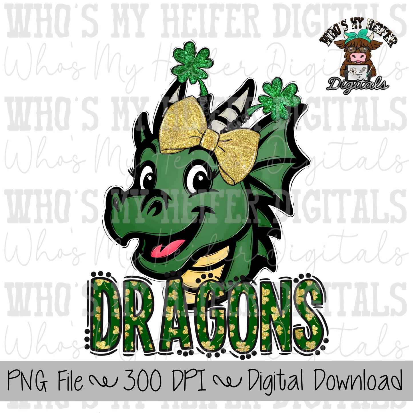 St. Patrick's Day Dragons PNG Hand Drawn Dragon with Bow Sublimation PNG Game Day Shirt Designs School Spirit PNG Clover Dragon Doodle Art