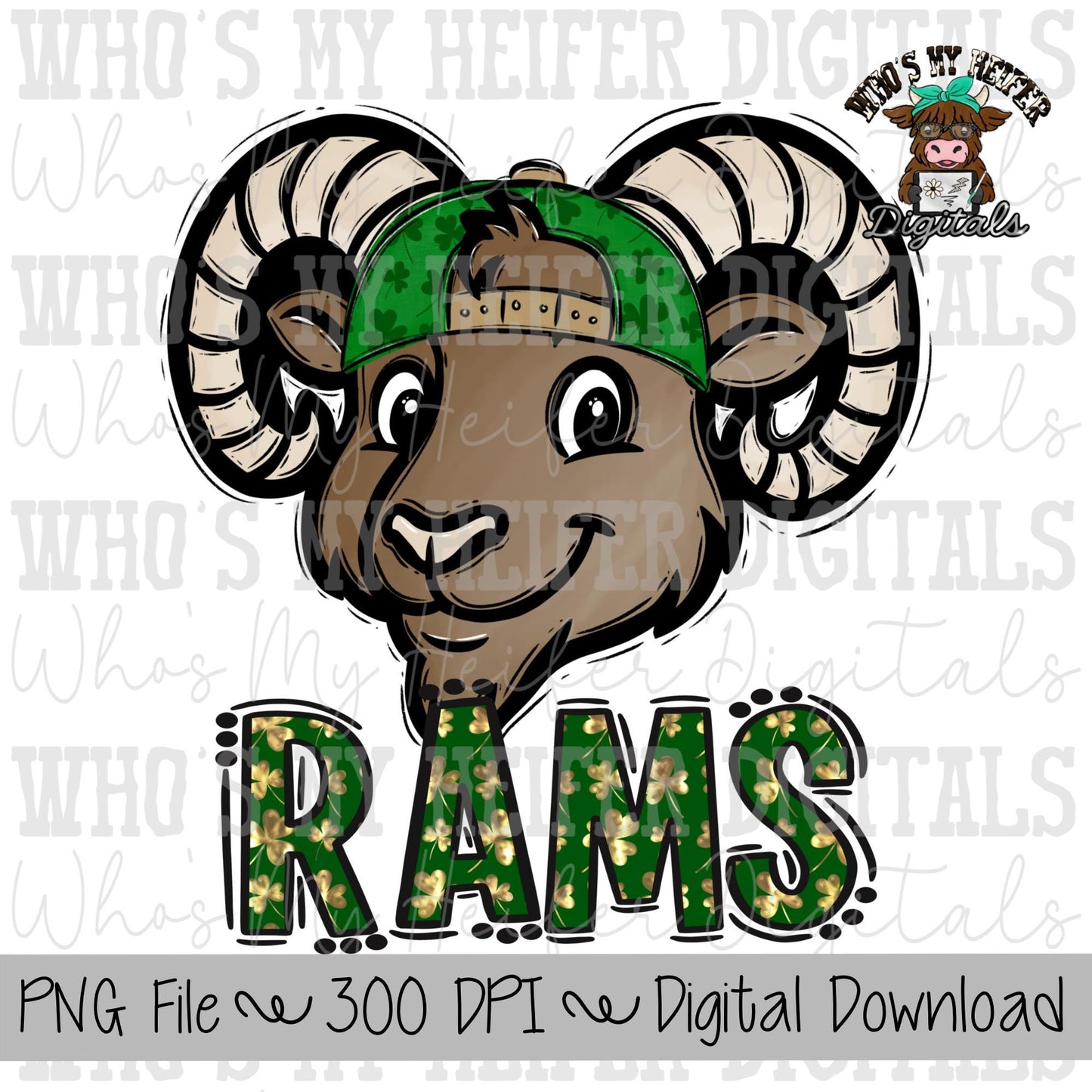 St. Patrick's Day Rams PNG Hand Drawn Ram with Hat Sublimation PNG Game Day Shirt Designs School Spirit PNG Clover Rams Doodle Art