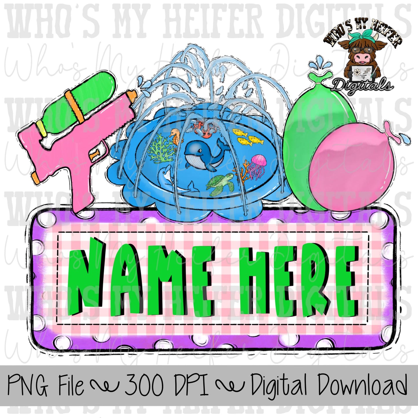 Water Toys Name Block Sublimation PNG Hand Drawn Water Balloons & Splash Pad PNG File Summer Outside Fun Shirt Design Kids Summer Doodle Art