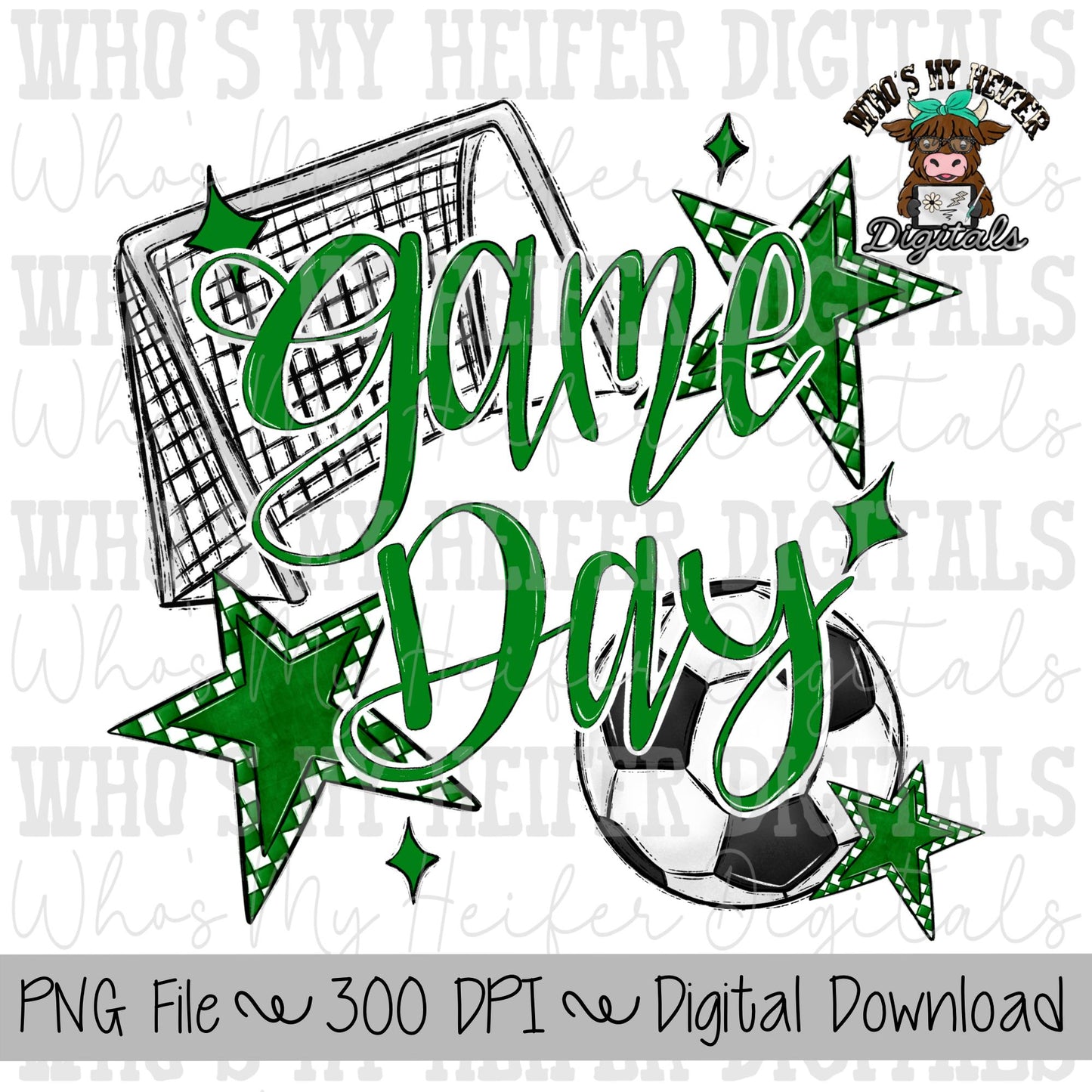 Game Day Soccer PNG Hand Drawn Soccer Ball & Net Sublimation PNG Retro Game Day Shirt Design Green Checkered Stars Clipart