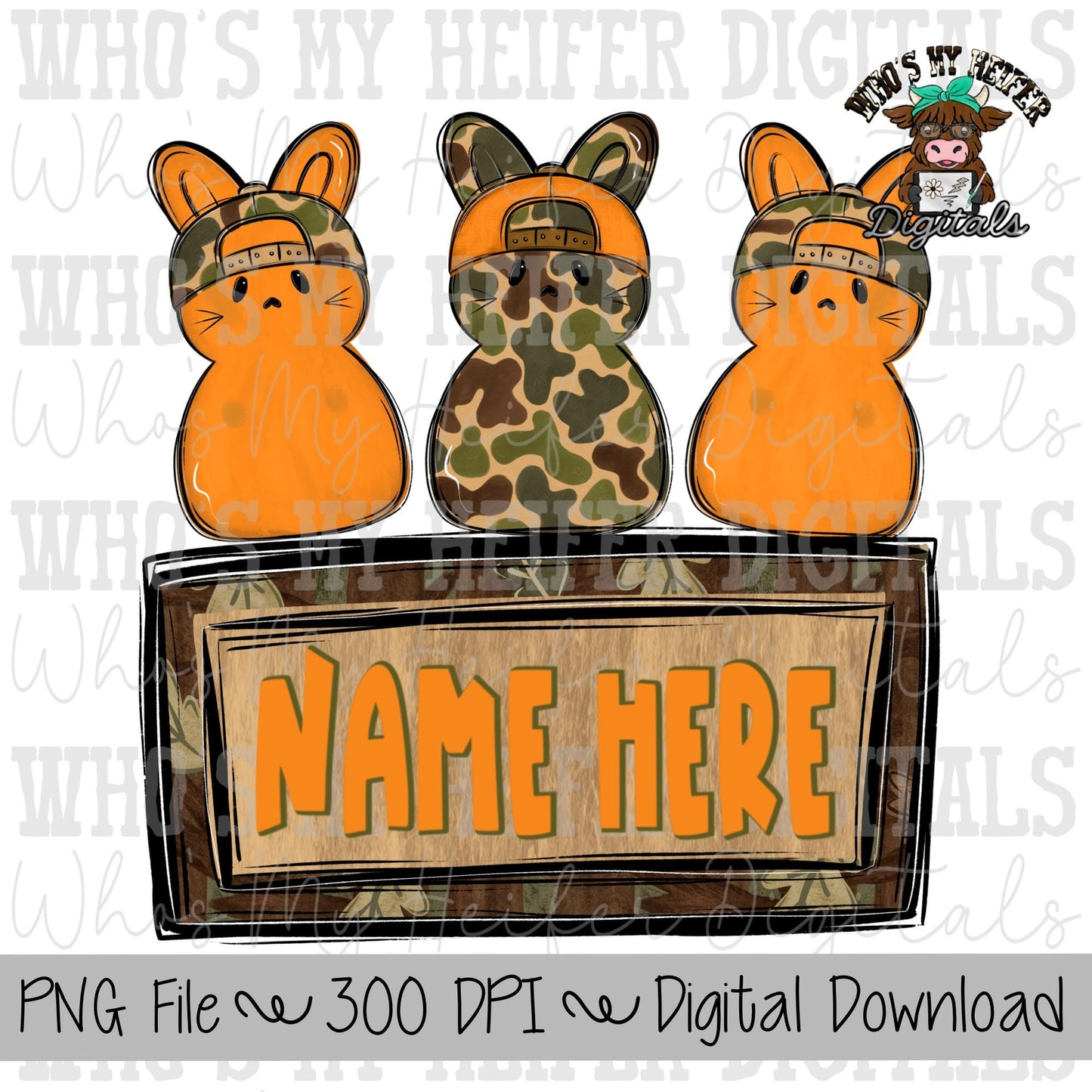 Bunny Candy Trio with Name Block Sublimation PNG Hand Drawn Bunnies with Hat PNG Kids Shirt Design Camo Easter Doodle Art Digital File