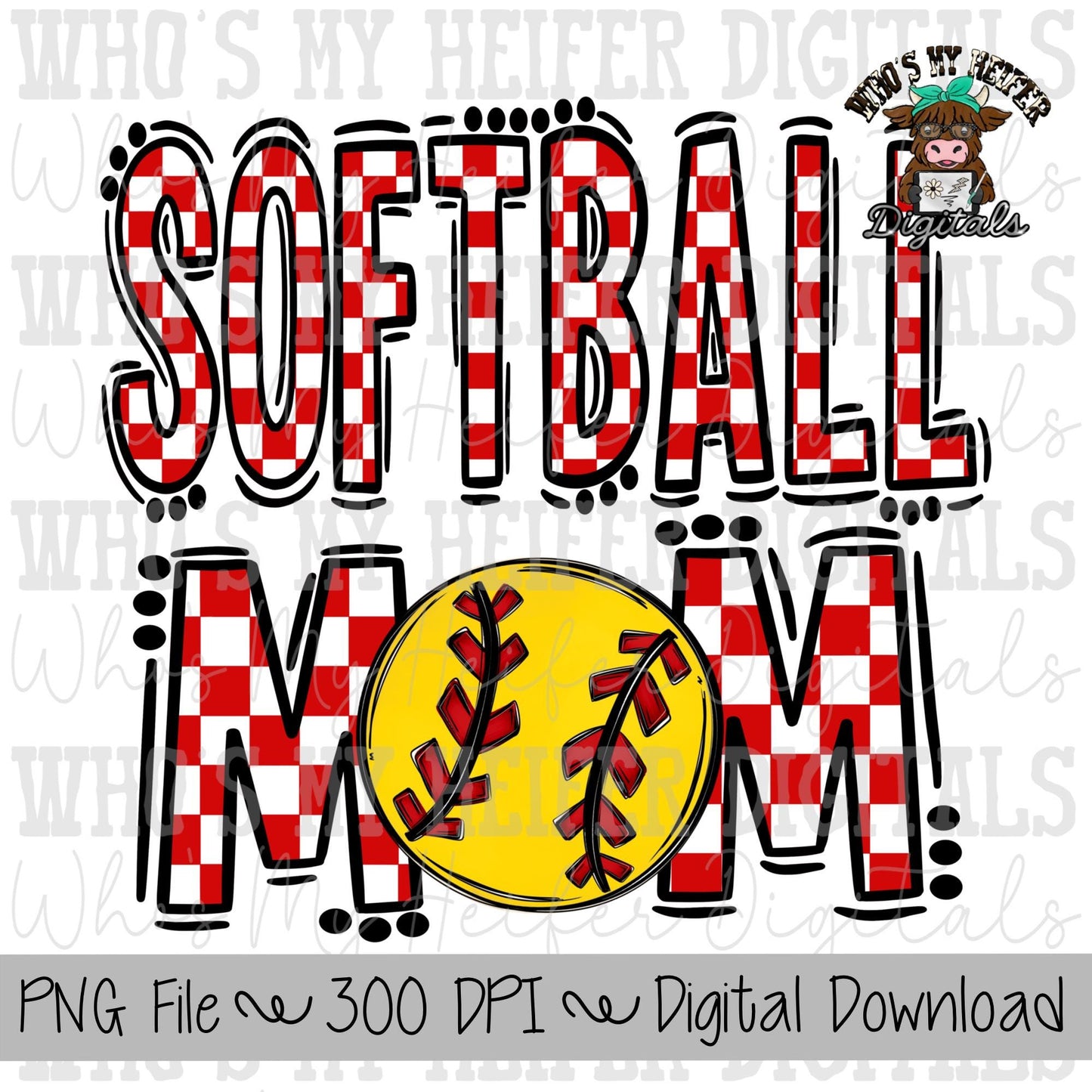 Red and White Softball Mom PNG Hand Drawn Softball Mom Sublimation Design Game Day Shirt Design Checkered T- Ball Mama Digital Download