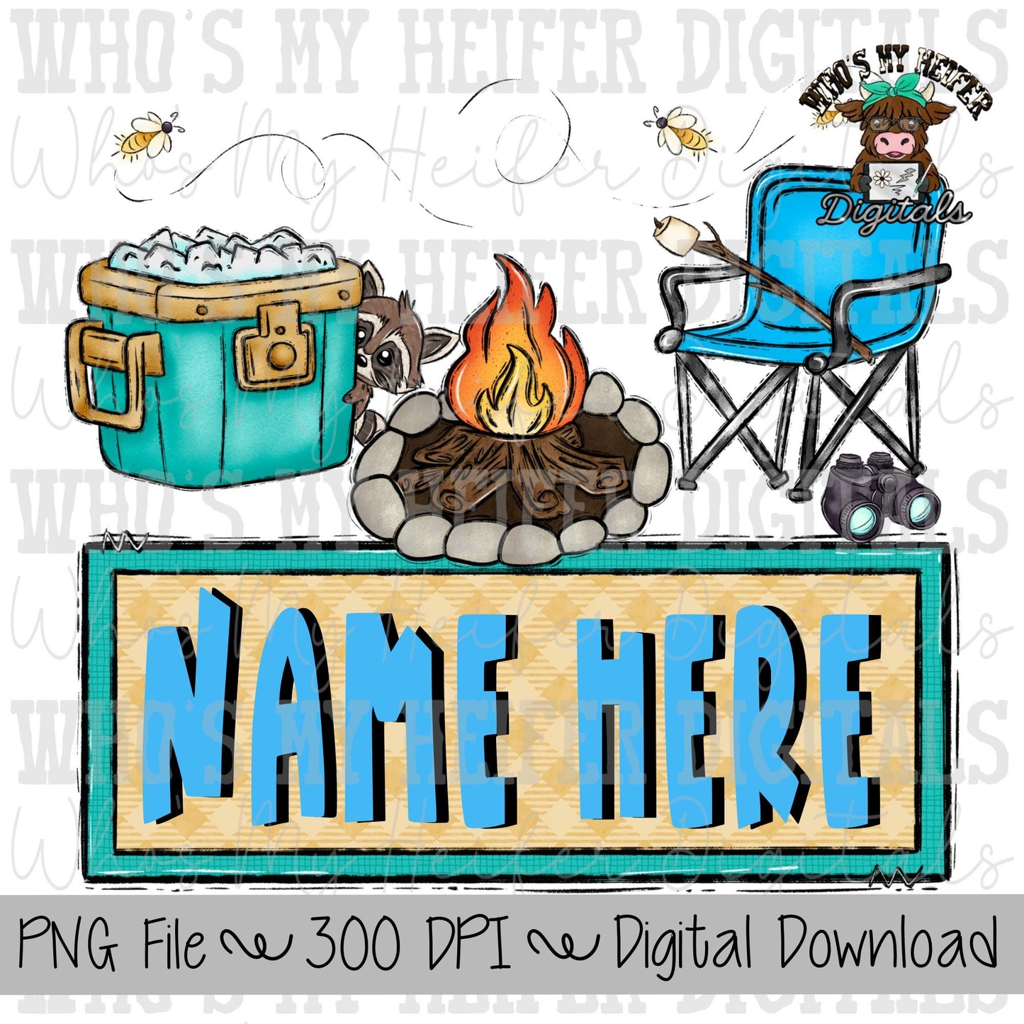 Whimsical Camping Trio with Name Patch PNG File Hand Drawn Campfire, Chair & Cooler Clipart Kids Camping Sublimation Shirt Designs