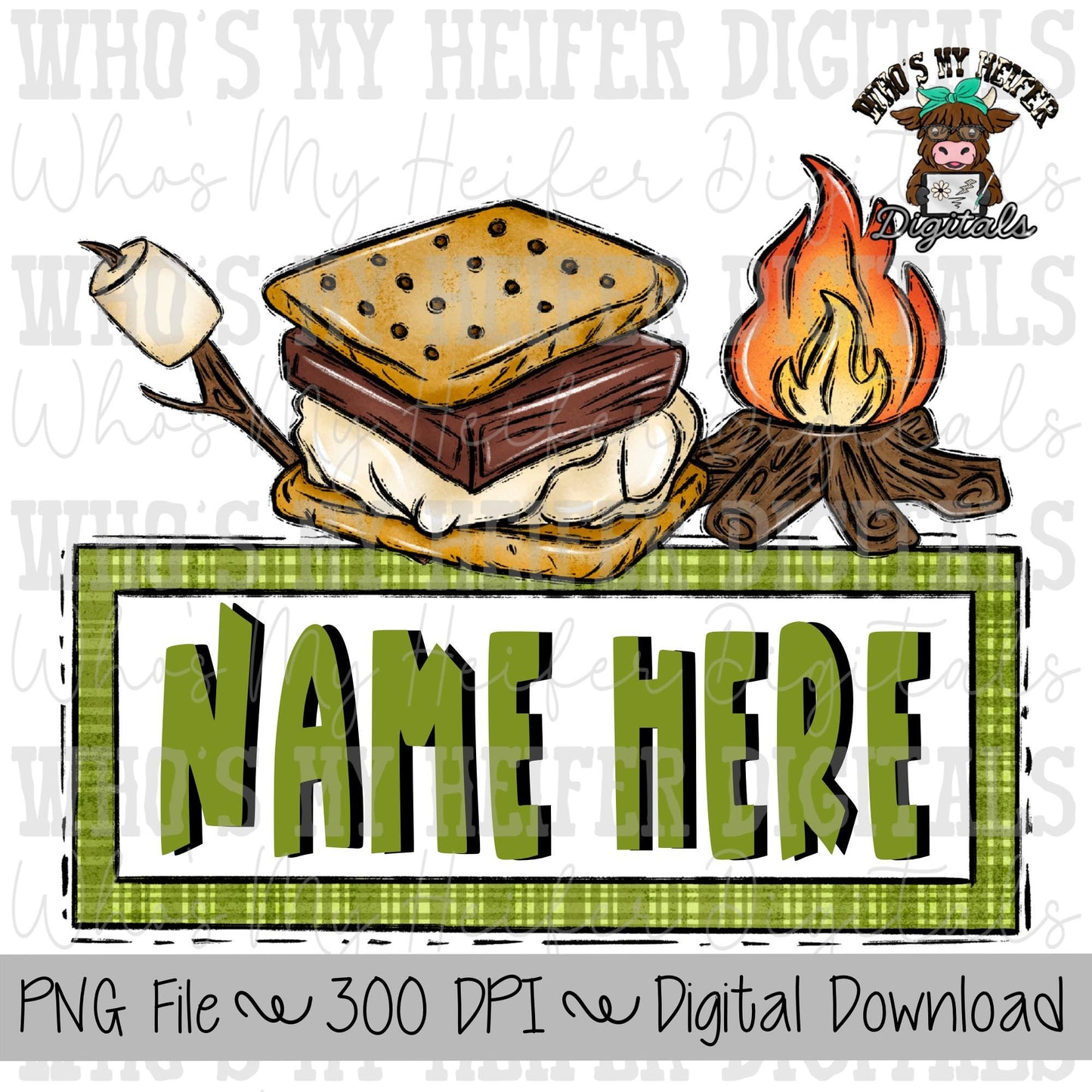 S'more Trio with Name Patch PNG File Hand Drawn Campfire & Marshmallow Clipart Kids Camping Sublimation Shirt Design Digital Download
