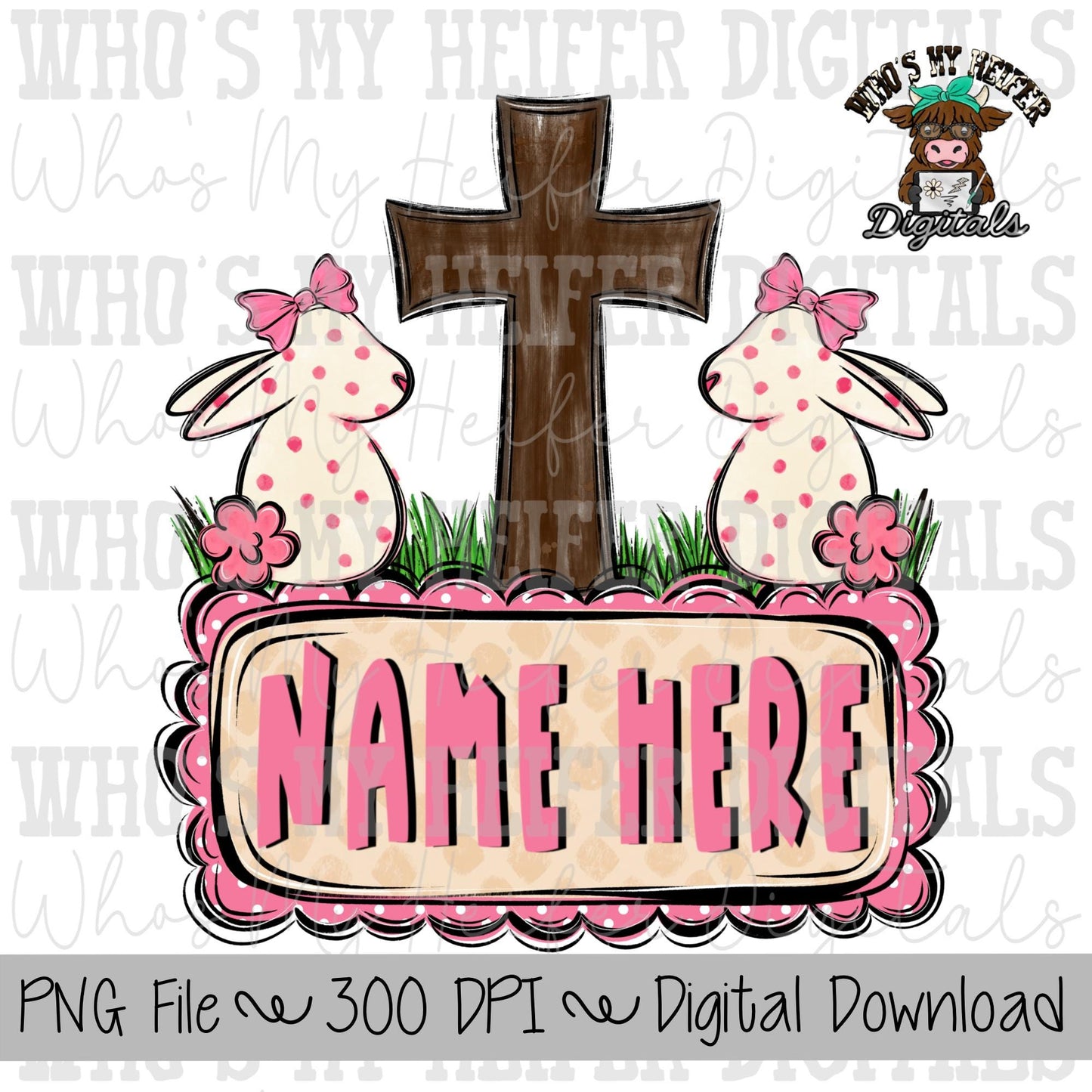 Bunny Cross with Name Block Sublimation PNG Hand Drawn Bunnies with Bows & Cross PNG Kids Shirt Design Preppy Easter Doodle Art Digital File