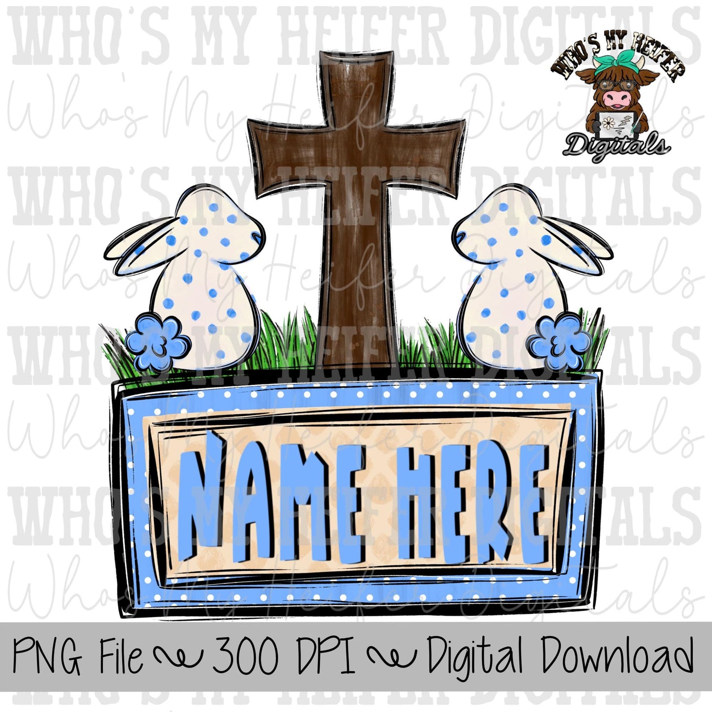 Bunny Cross with Name Block Sublimation PNG Hand Drawn Whimsical Bunnies & Cross PNG Kids Shirt Design Preppy Easter Doodle Art Digital File