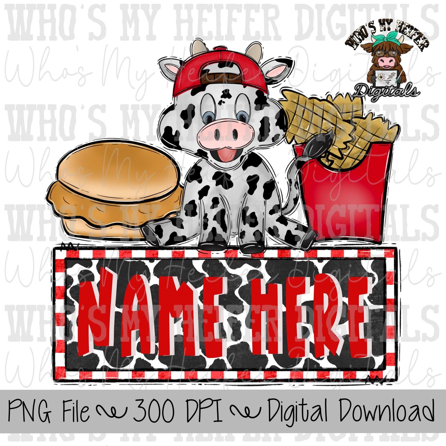 Chicken Sandwich & Cow with Name Block Sublimation PNG Hand Drawn Cow with Hat PNG Kids Shirt Design Cute Boy Cow Doodle Art Fast Food DTF