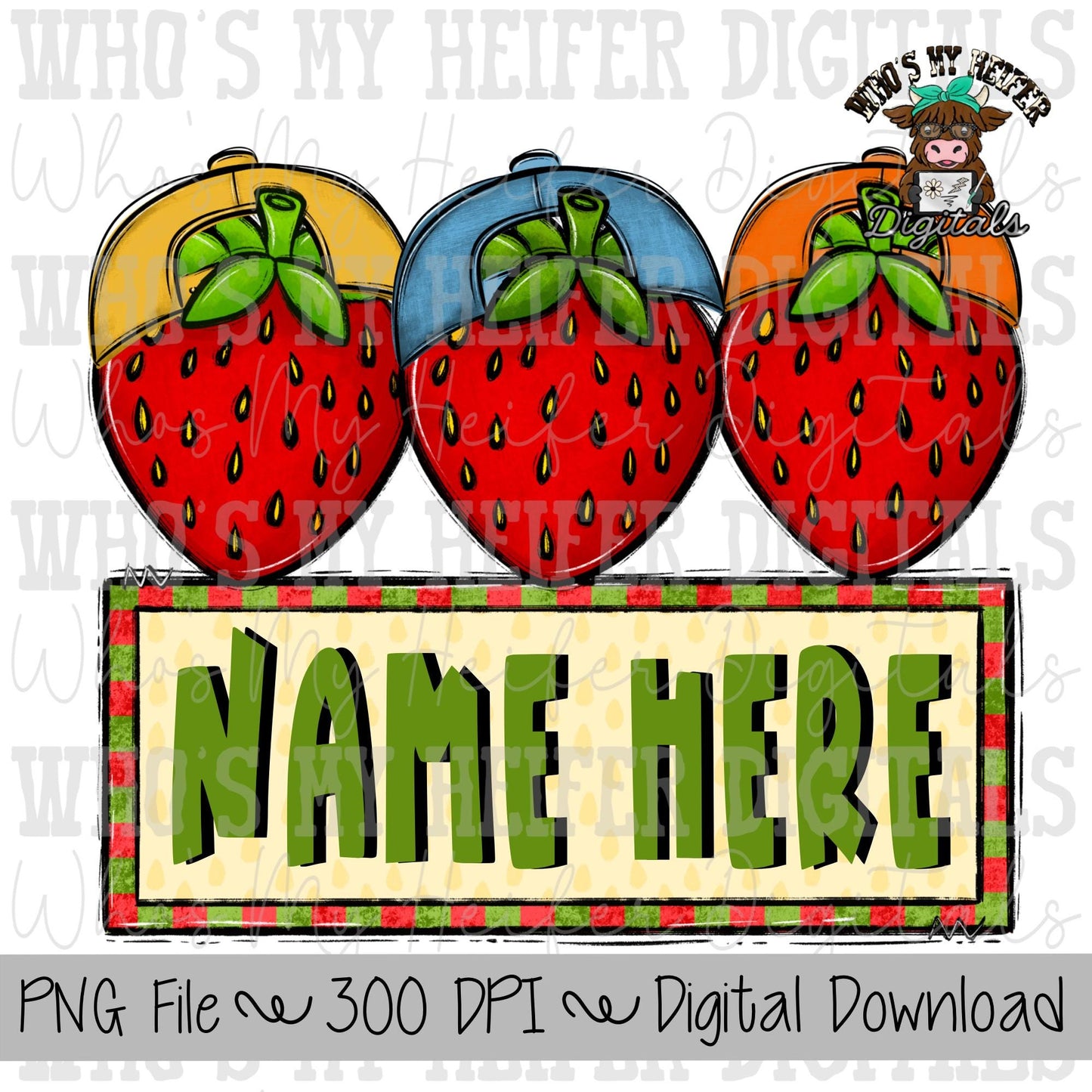 Whimsical Strawberry Trio with Name Patch Sublimation PNG Hand Drawn Strawberries with Hats PNG Kids Shirt Design Strawberry Doodle Art