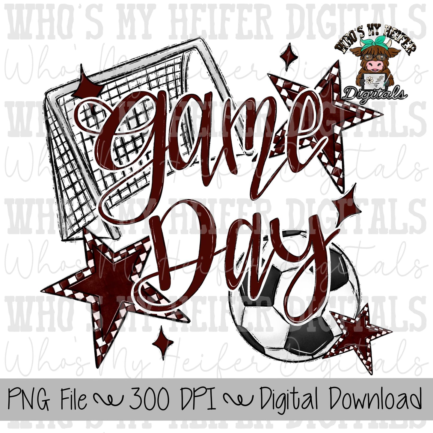 Game Day Soccer PNG Hand Drawn Soccer Ball & Net Sublimation PNG Retro Game Day Shirt Design Maroon Checkered Stars Clipart