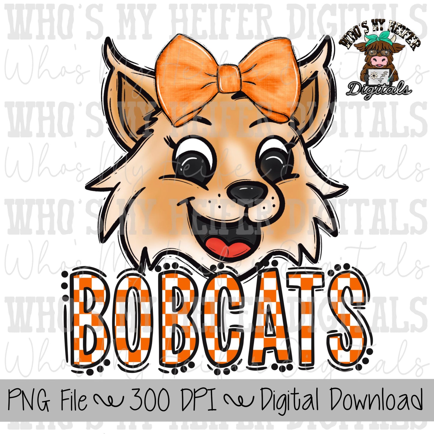 Orange & White Bobcats PNG Hand Drawn Bobcats with Bow Sublimation PNG Game Day Shirt Design School Spirit PNG Checkered Bobcat Doodle Art
