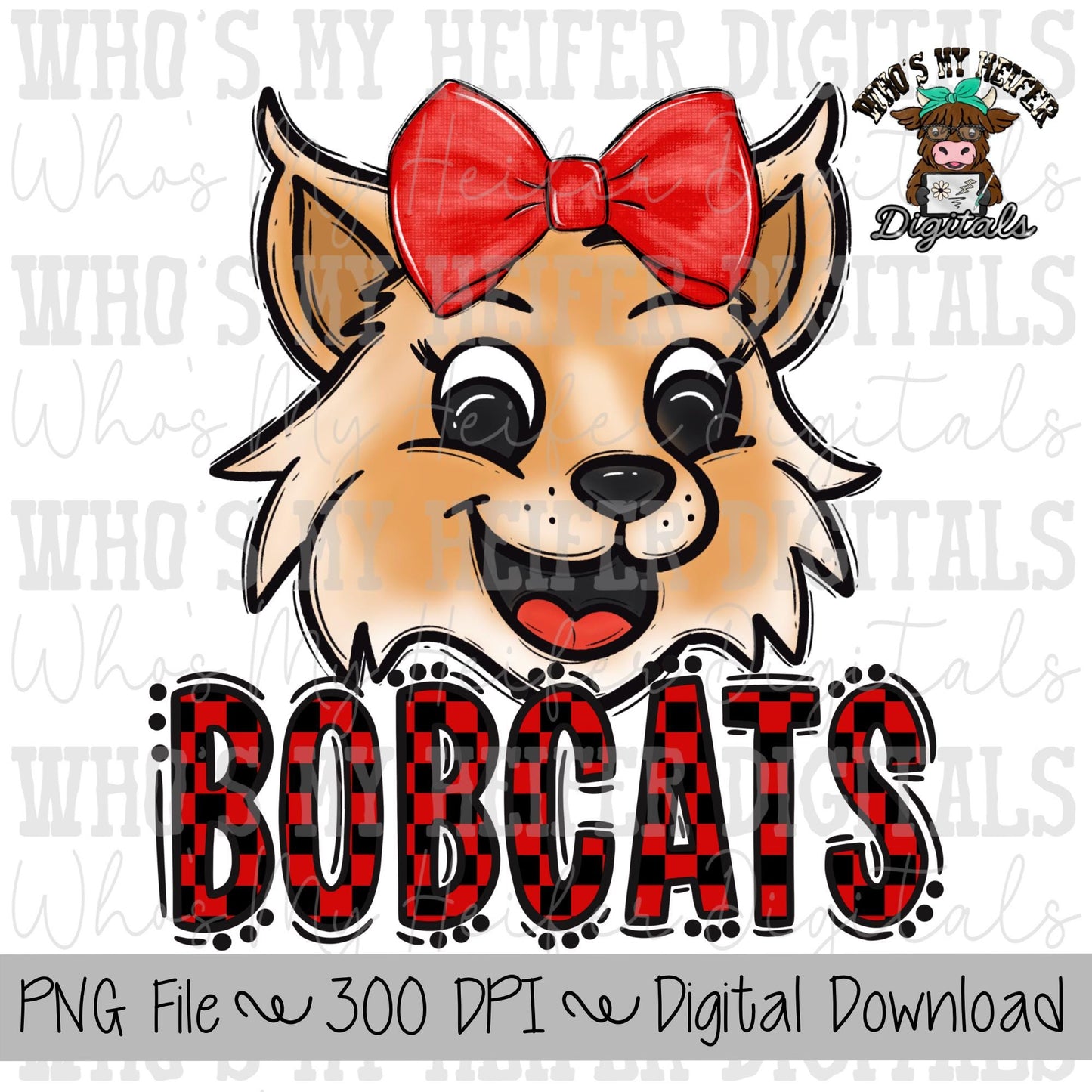 Red & Black Bobcats PNG Hand Drawn Bobcats with Bow Sublimation PNG Game Day Shirt Design School Spirit PNG Checkered Bobcat Doodle Art