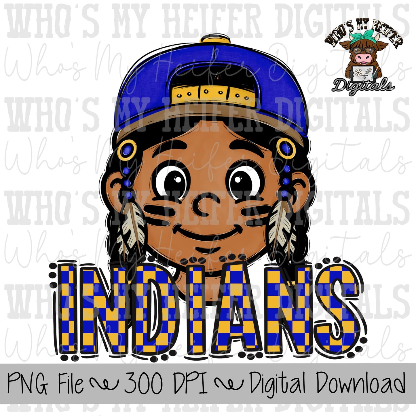 Blue & Yellow Indians PNG Hand Drawn Indian with Hat Sublimation PNG Game Day Shirt Design School Spirit Checkered Indian Kid Mascot