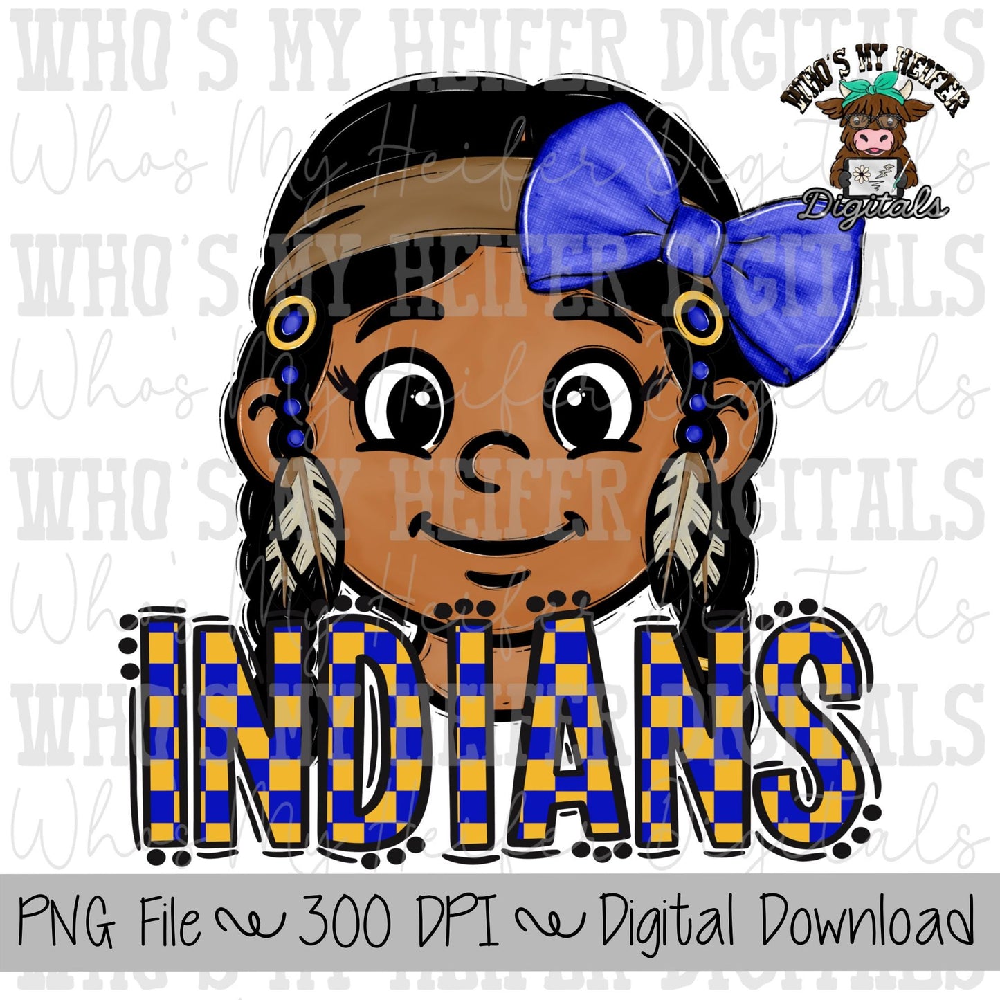Blue & Yellow Indian PNG Hand Drawn Indian with Bow Sublimation PNG Game Day Shirt Design School Spirit Checkered Indians Kid Mascot