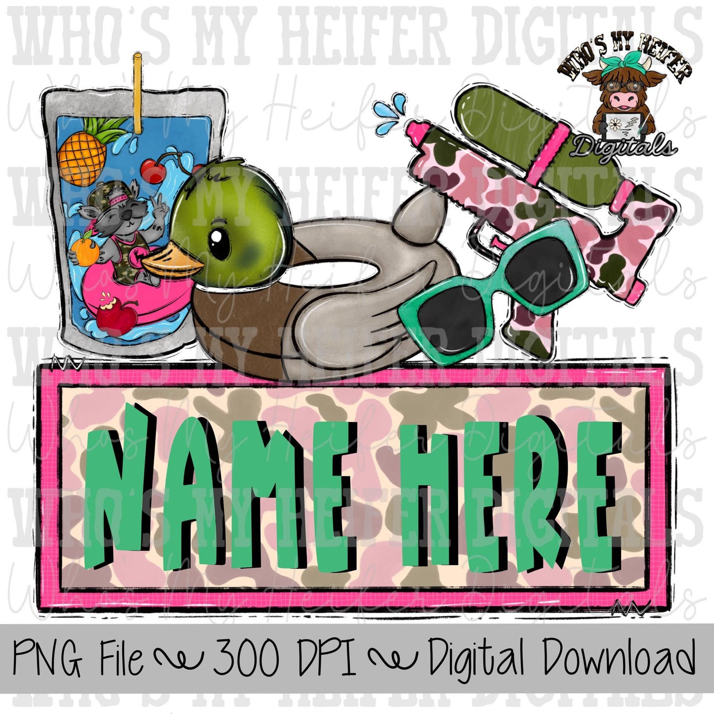 Camo Summer Fun Name Block Sublimation PNG Hand Drawn Water Toy, Sunglasses & Duck Float PNG File River Life Shirt Design Kids Summer Doodle