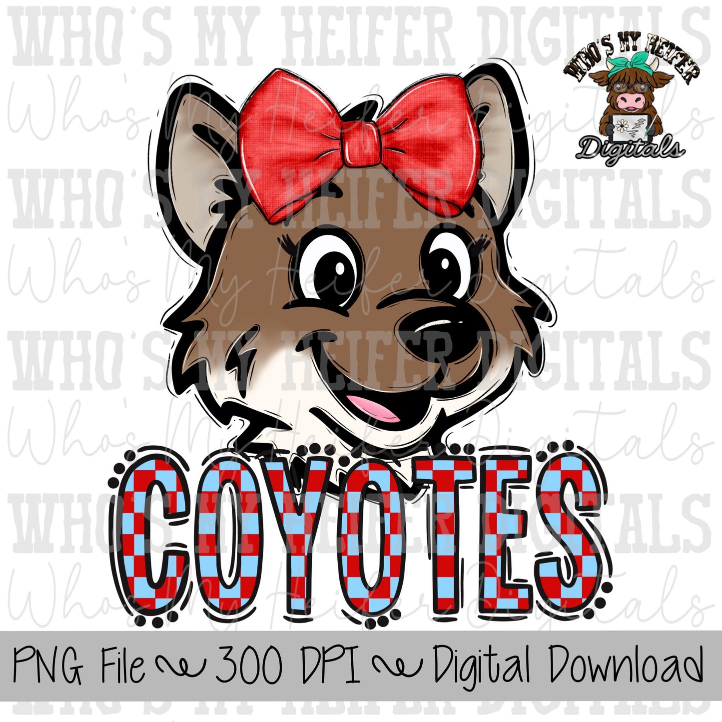 Red & Light Blue Coyote PNG Hand Drawn Coyote with Bow Sublimation PNG Game Day Shirt Designs School Spirit PNG Checkered Coyotes Doodle Art