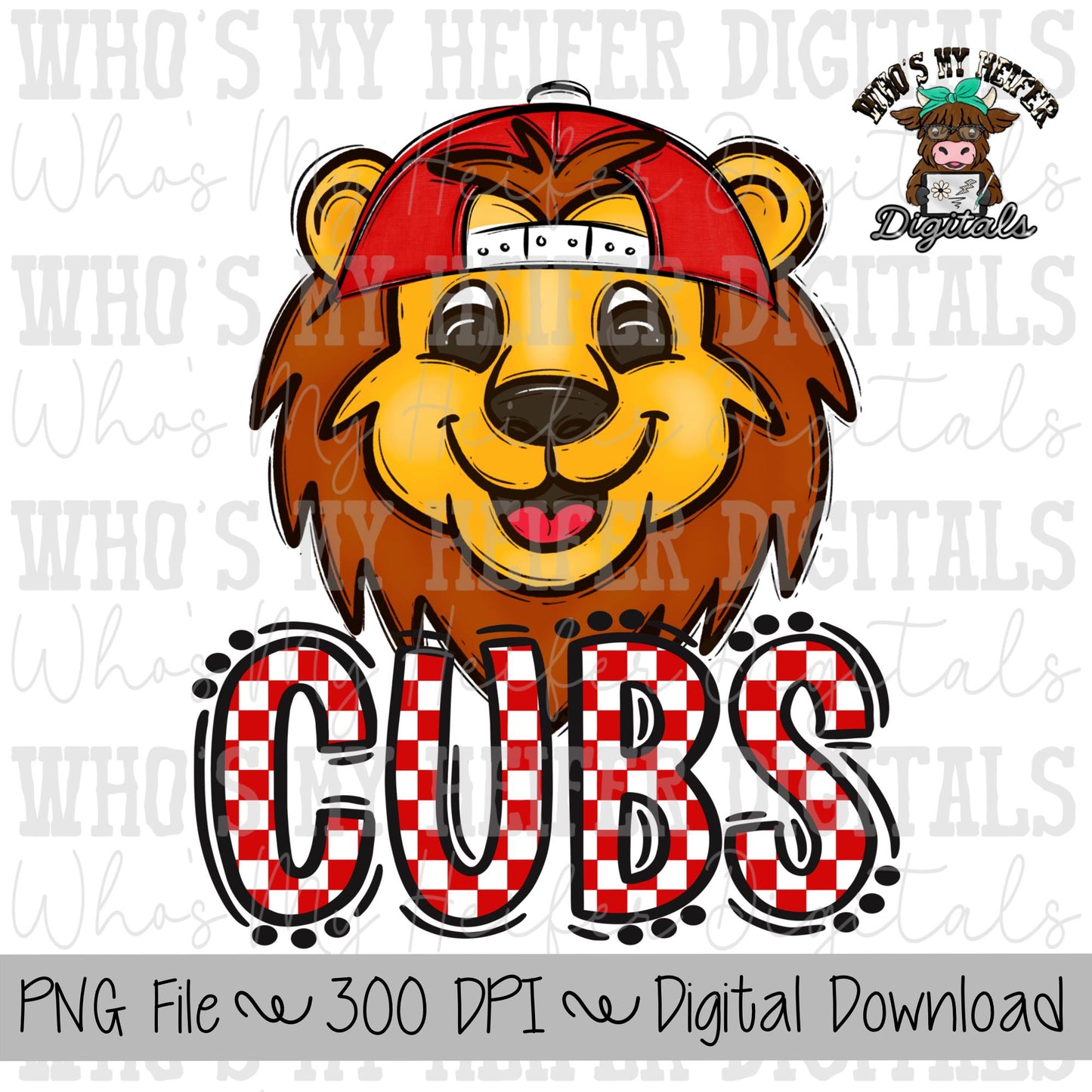 Red & White Cub PNG Hand Drawn Cub with Hat Sublimation PNG Game Day Shirt Designs School Spirit PNG Checkered Cubs Doodle Art