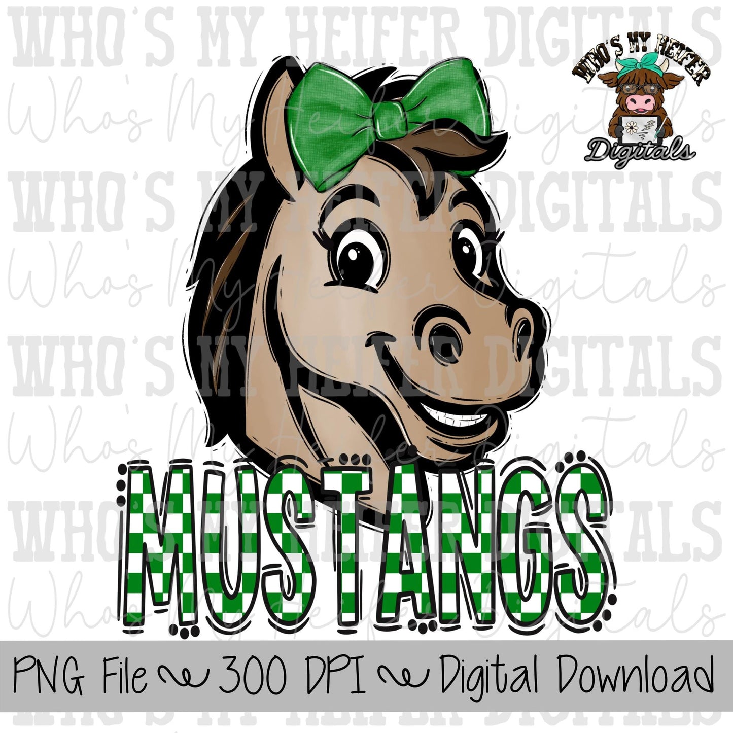 Green & White Mustangs PNG Hand Drawn Mustang with Bow Sublimation PNG Game Day Shirt Design School Spirit Checkered Mustang Kid Mascot